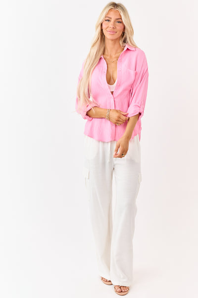 Bubblegum Button Down Side Slit Long Sleeve Top