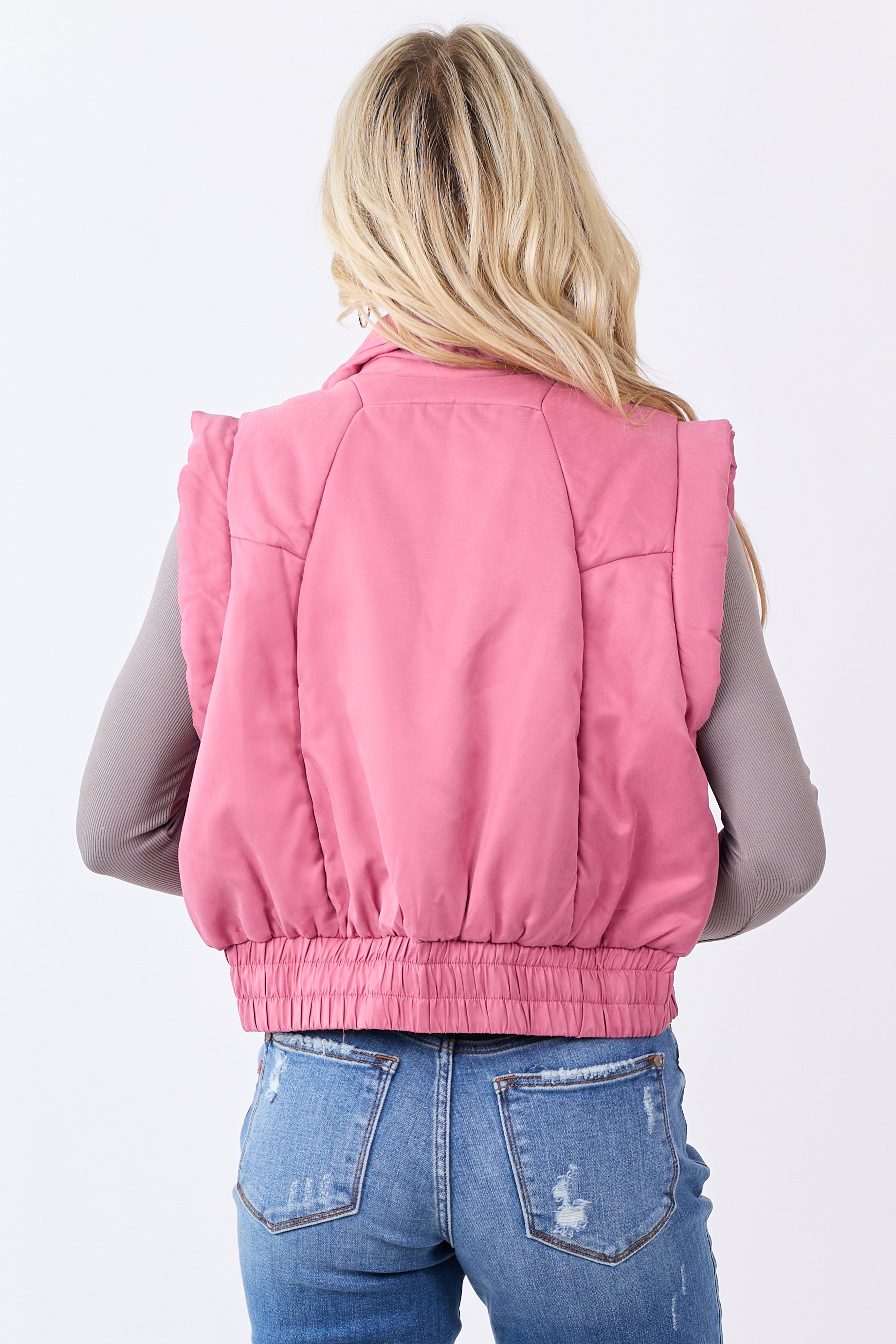 Bubblegum Button Up Mock Neck Puffer Vest