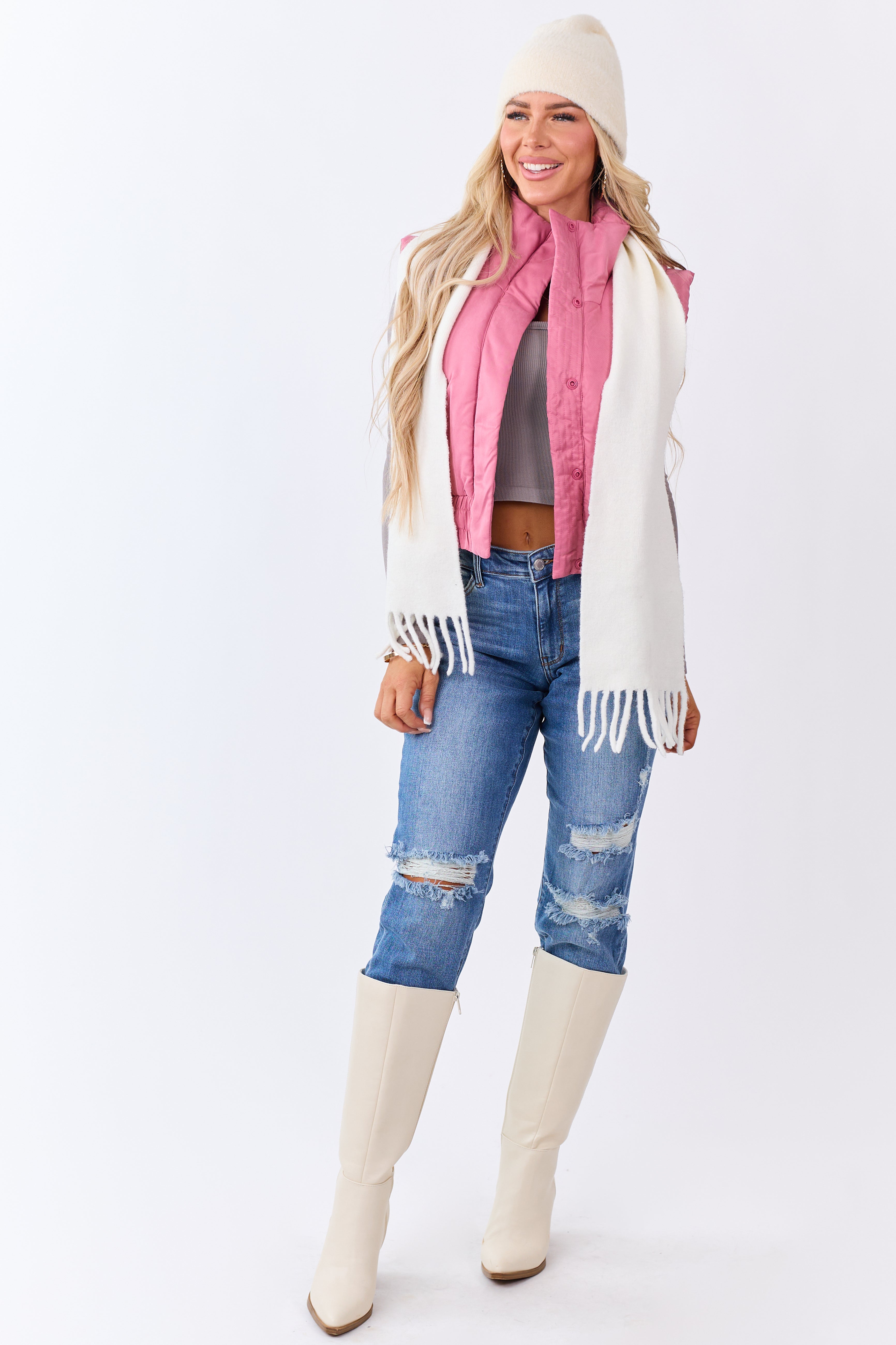 Bubblegum Button Up Mock Neck Puffer Vest
