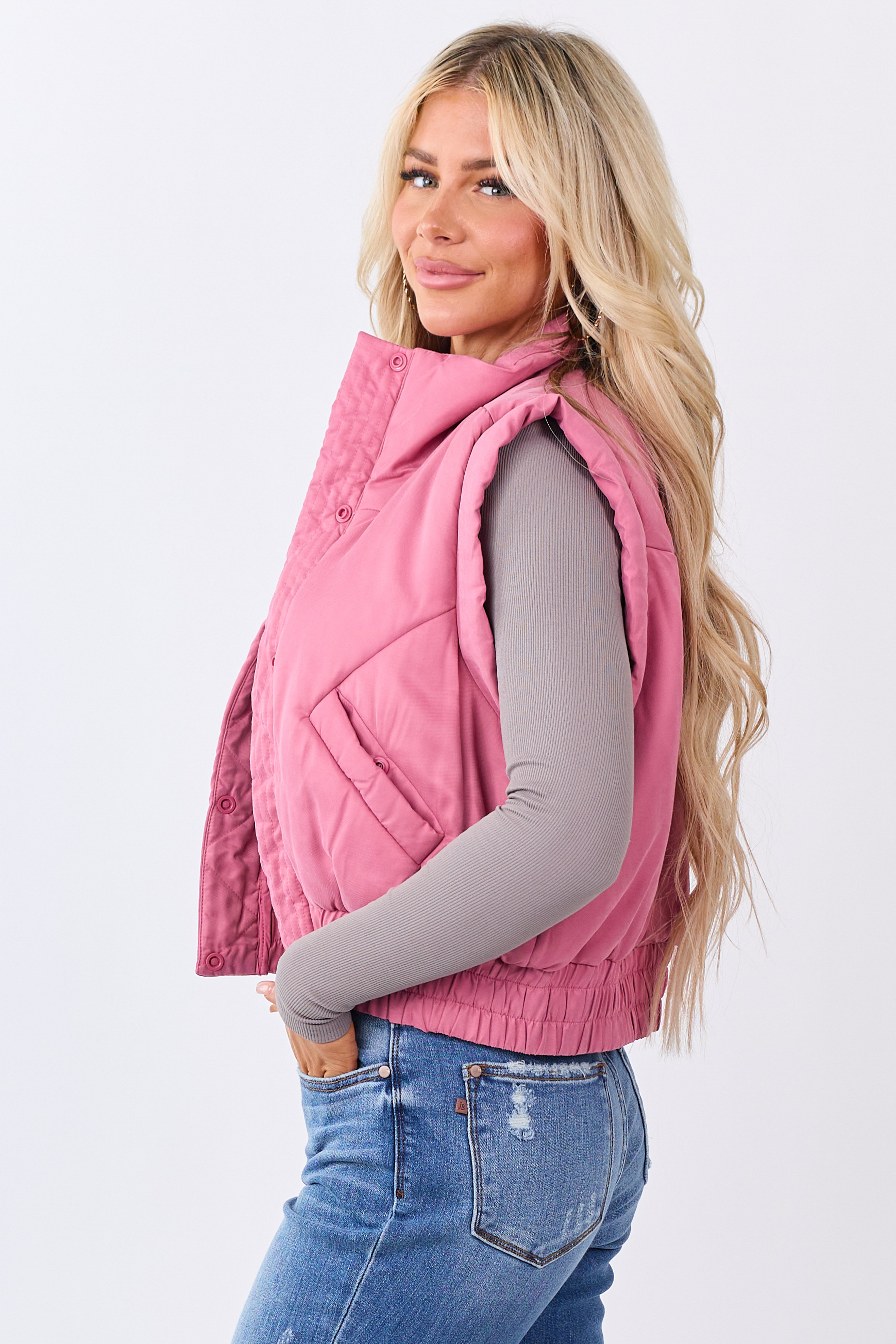 Bubblegum Button Up Mock Neck Puffer Vest
