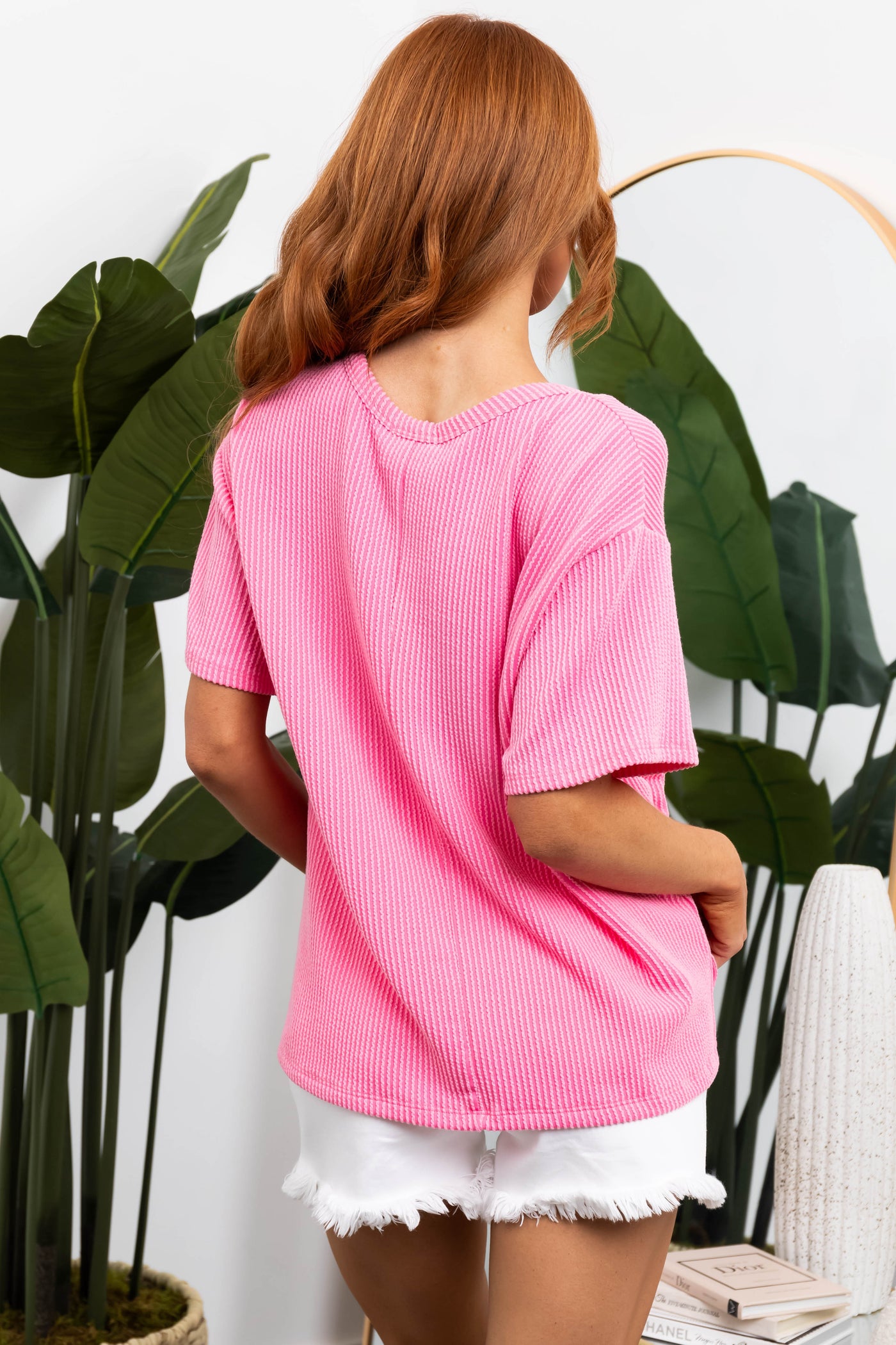 Bubblegum Chest Pocket Wavy Ribbed Knit Top