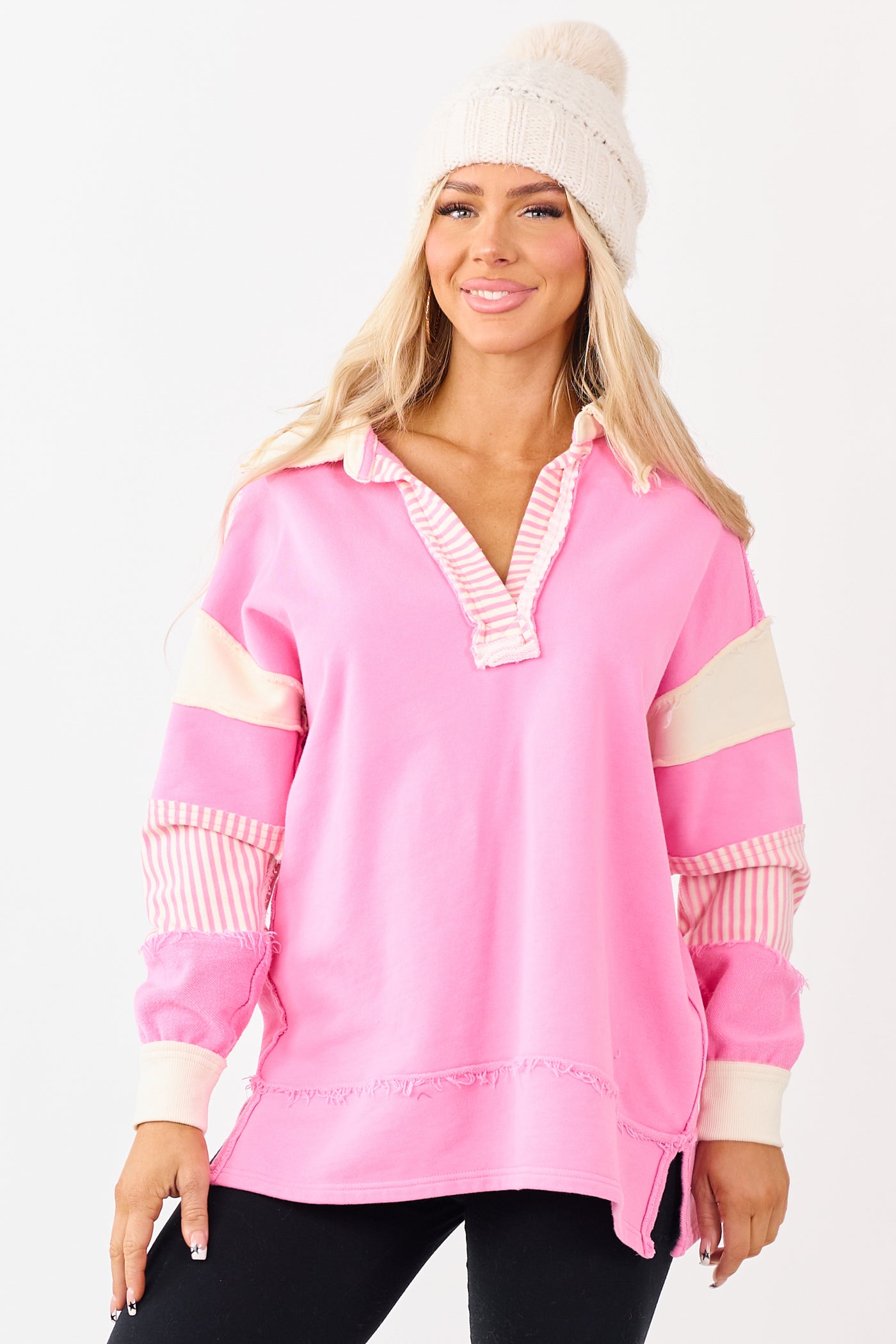 Bubblegum Colorblock Polo Style Pullover Cotton Top