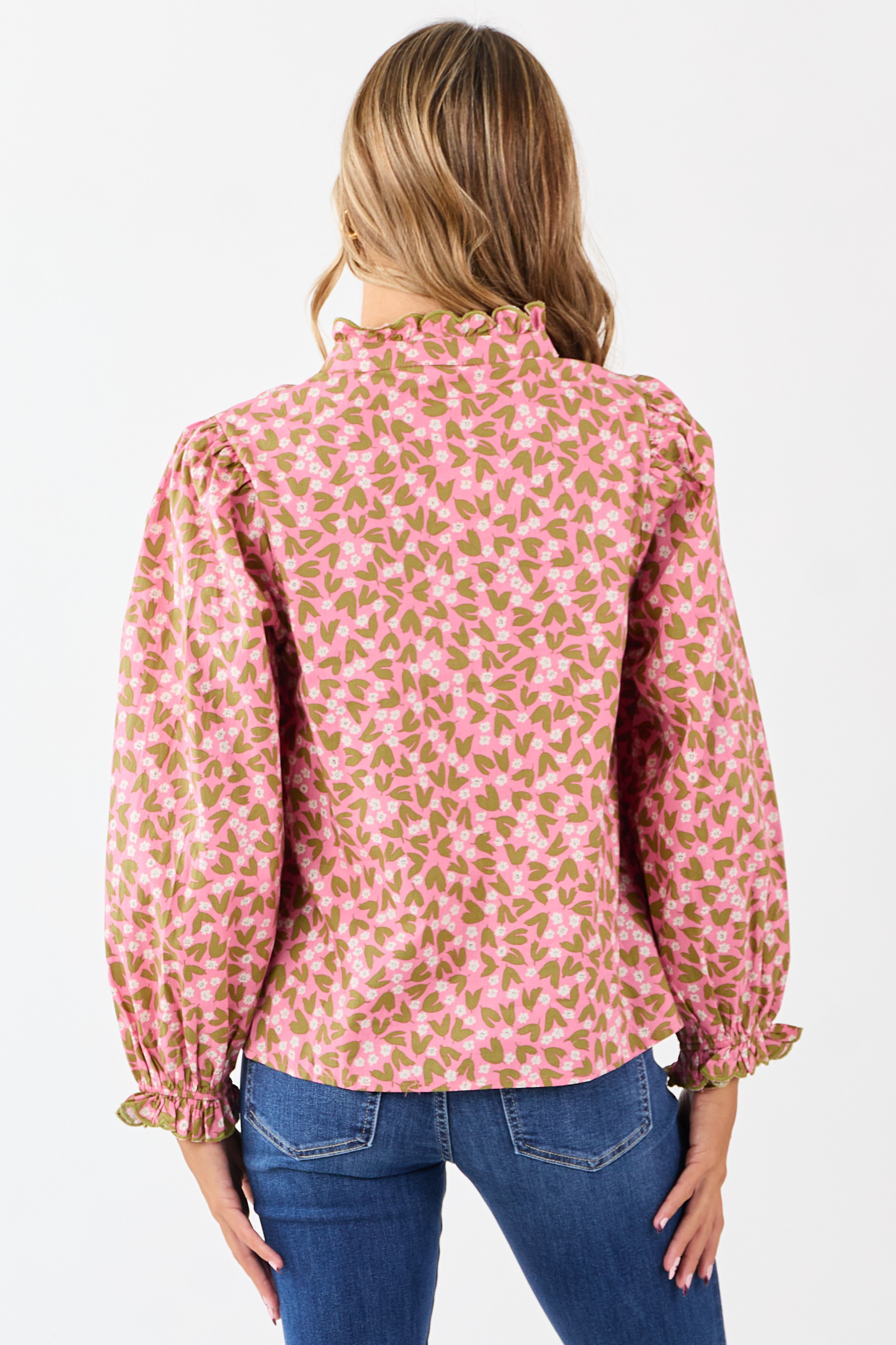 Bubblegum Cotton Floral Ruffle Trim Long Sleeve Top