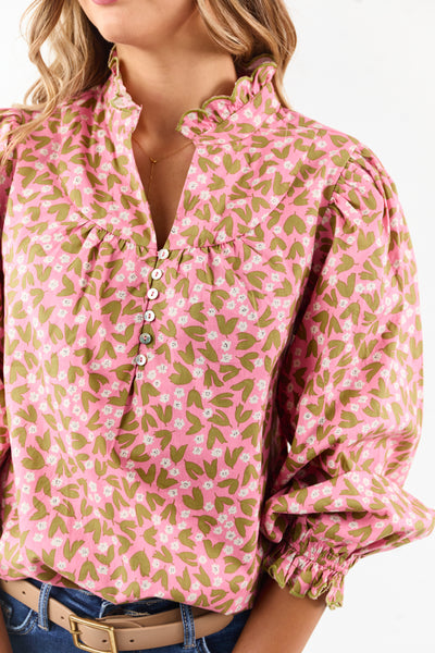 Bubblegum Cotton Floral Ruffle Trim Long Sleeve Top