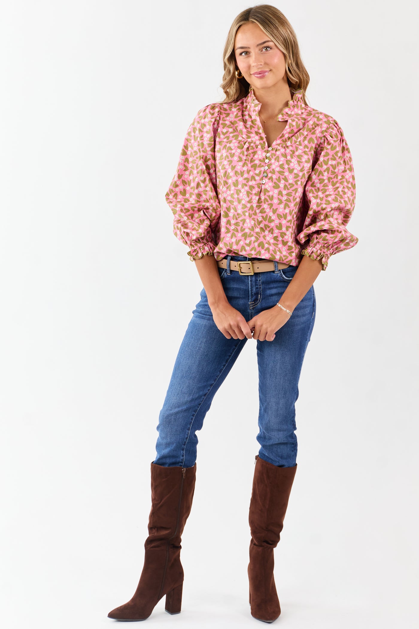 Bubblegum Cotton Floral Ruffle Trim Long Sleeve Top