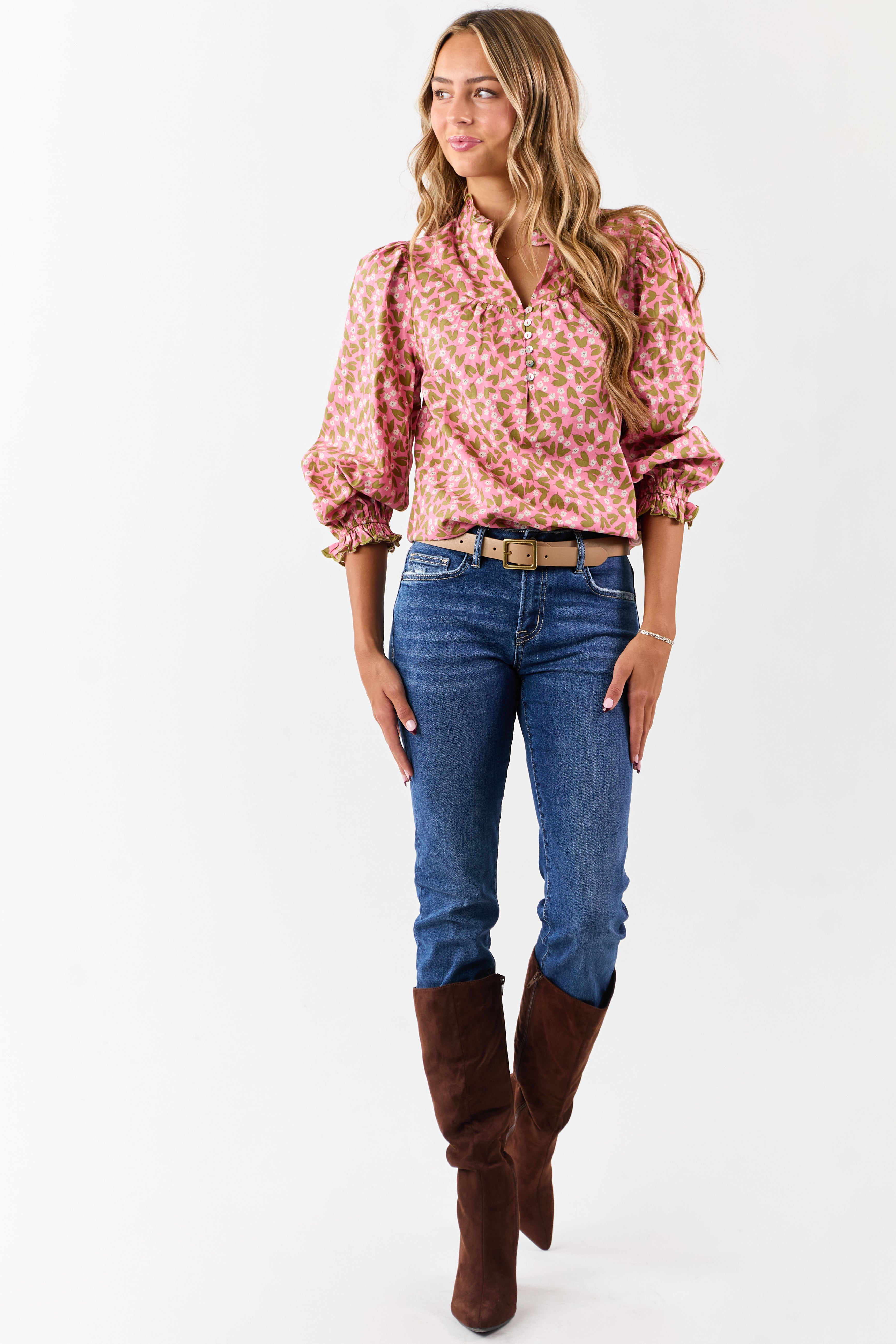 Bubblegum Cotton Floral Ruffle Trim Long Sleeve Top