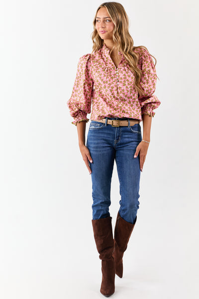 Bubblegum Cotton Floral Ruffle Trim Long Sleeve Top