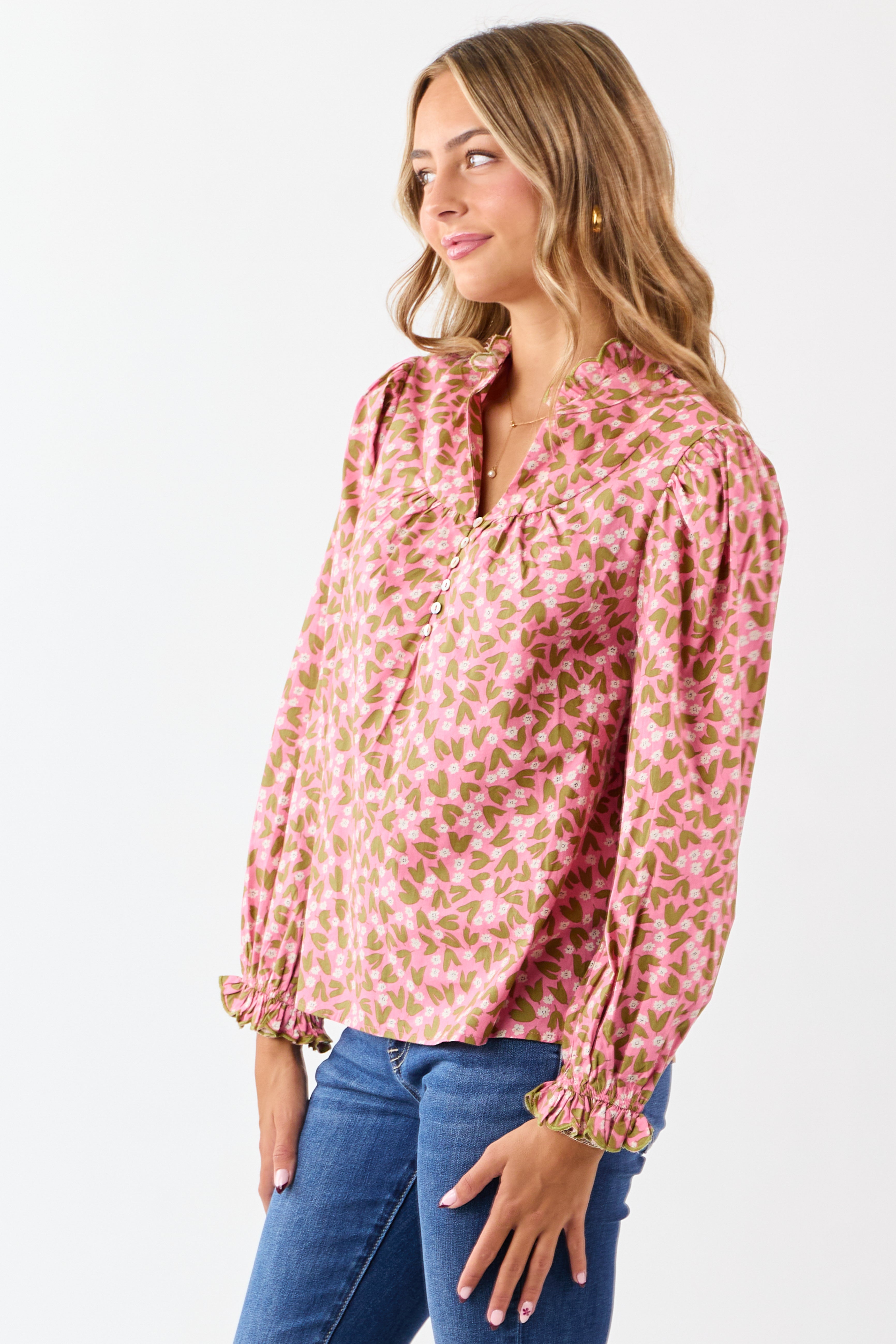 Bubblegum Cotton Floral Ruffle Trim Long Sleeve Top