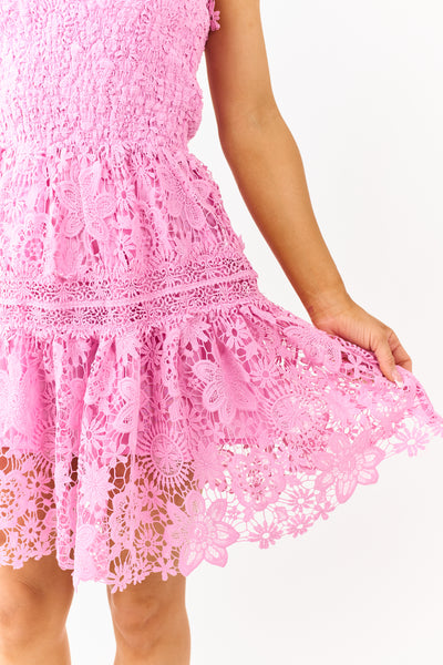 Bubblegum Crochet Floral Lace Strapless Mini Dress