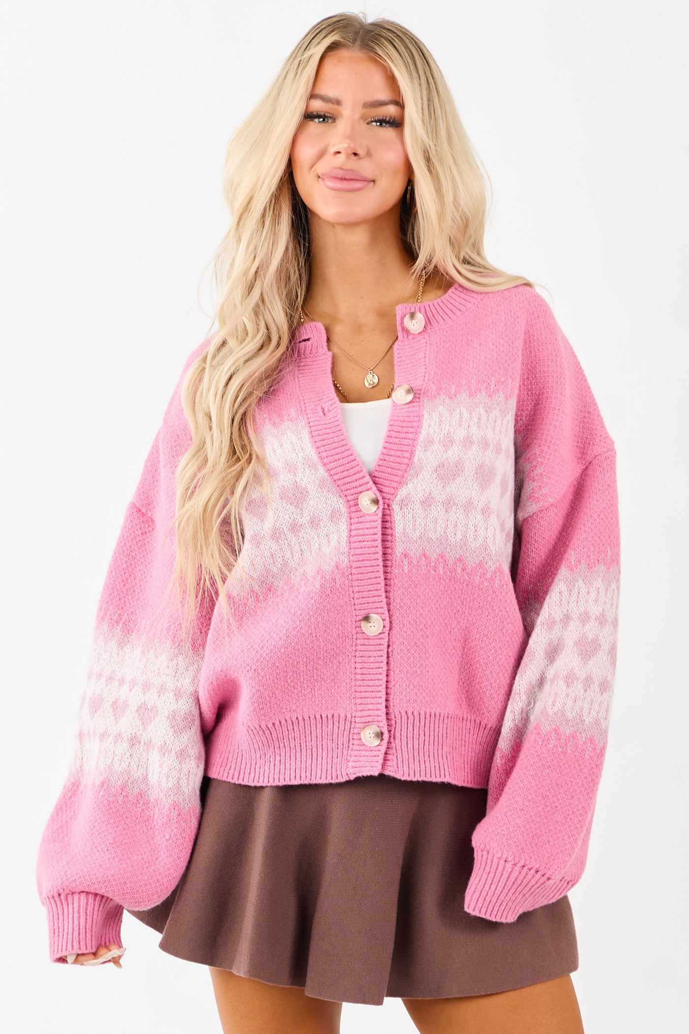 Bubblegum Fair Isle Heart Print Button Down Cardigan