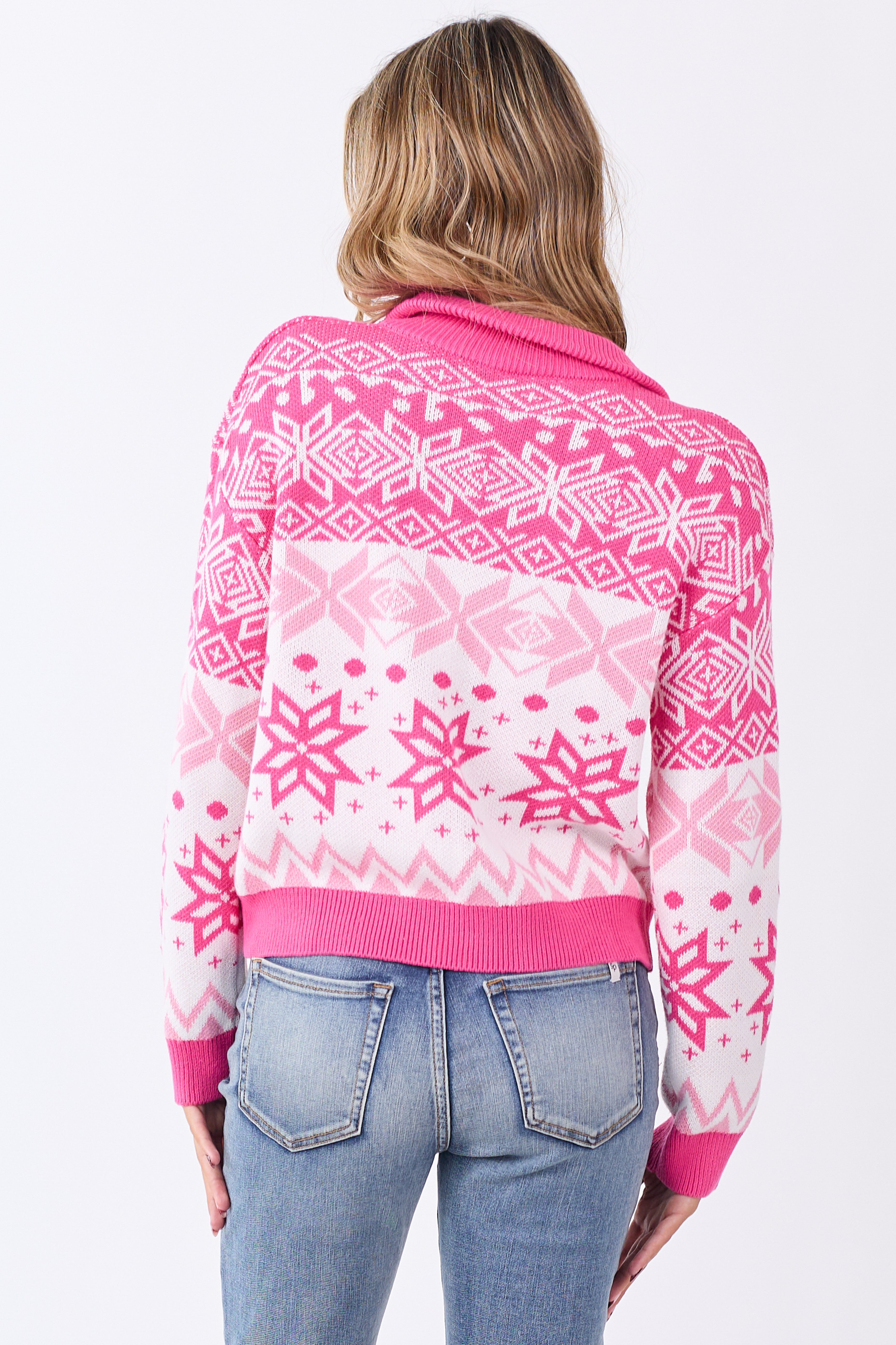 Bubblegum Fair Isle Snowflake Pattern Zip Up Sweater