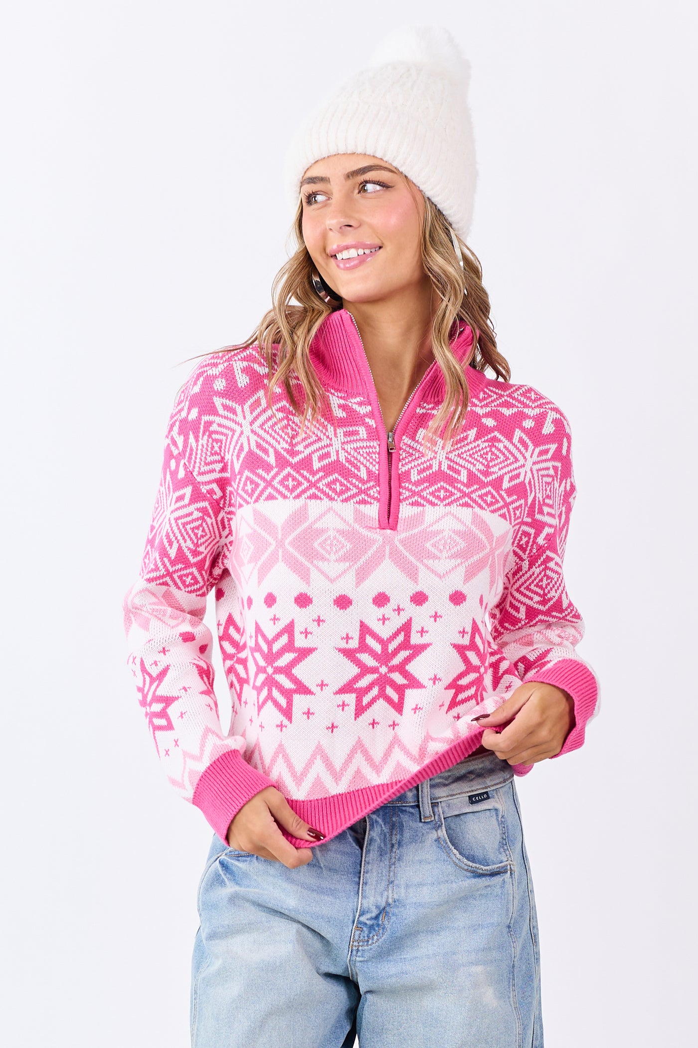 Bubblegum Fair Isle Snowflake Pattern Zip Up Sweater