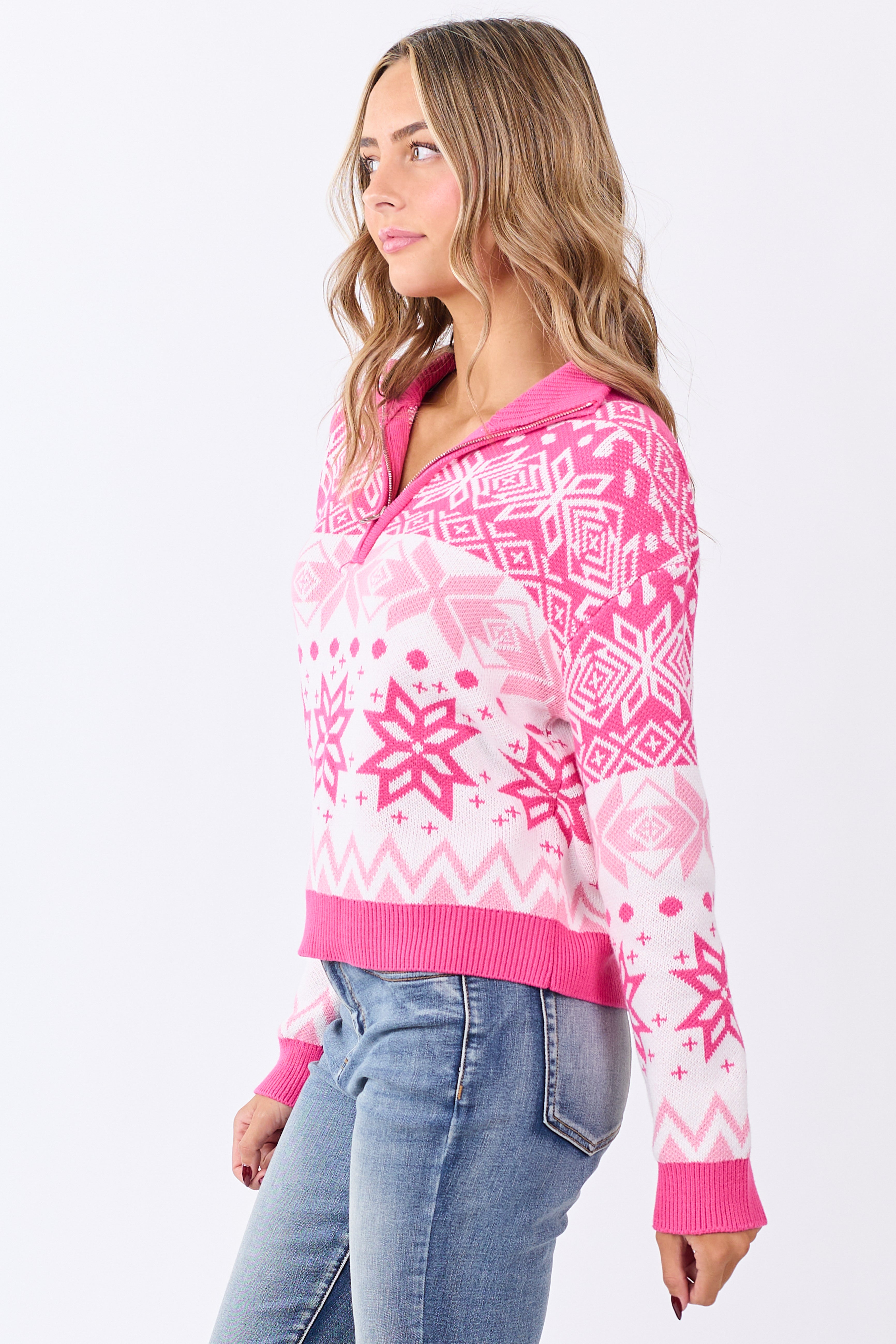 Bubblegum Fair Isle Snowflake Pattern Zip Up Sweater