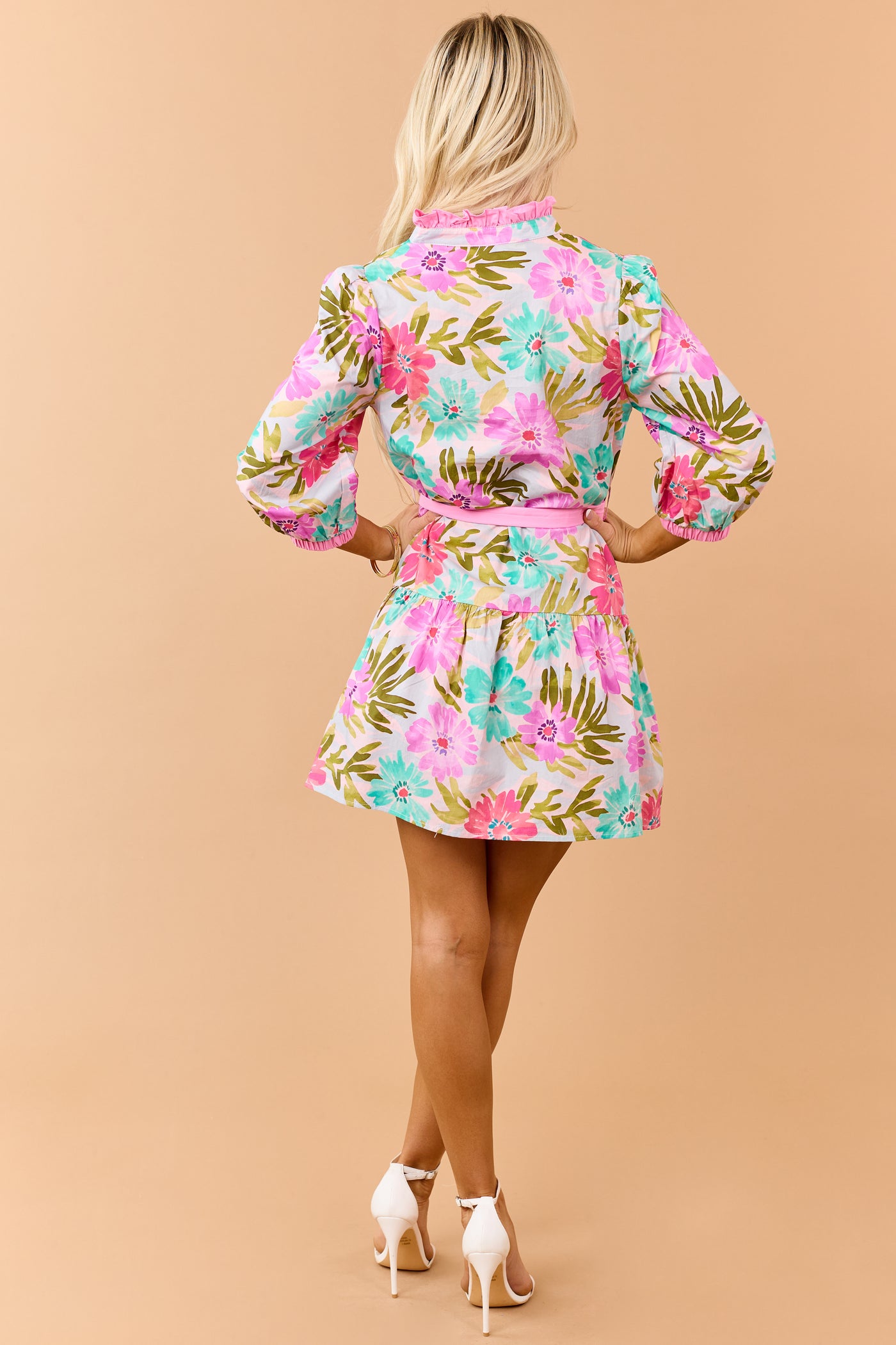 Bubblegum Floral Print Cotton Waist Tie Mini Dress