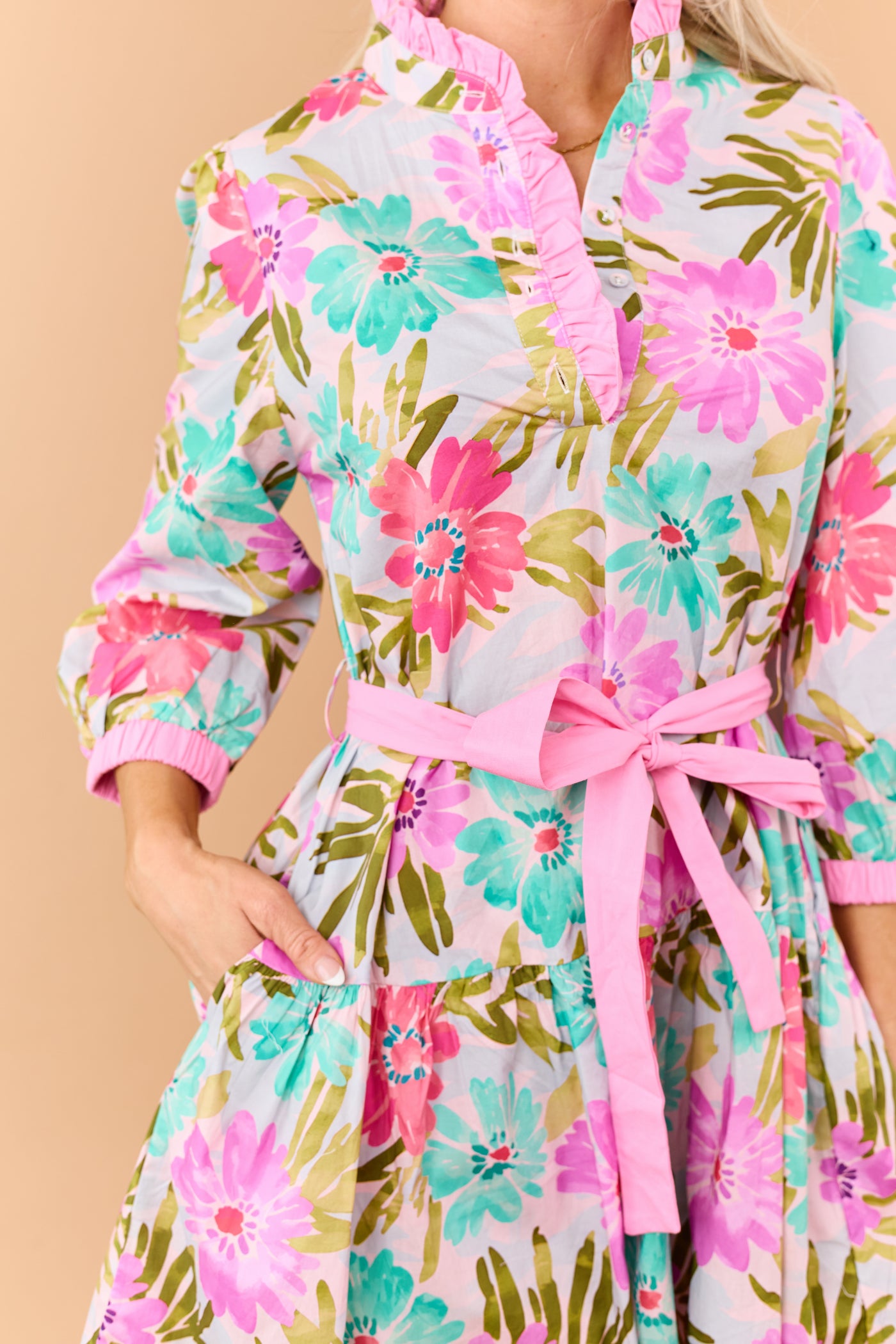 Bubblegum Floral Print Cotton Waist Tie Mini Dress