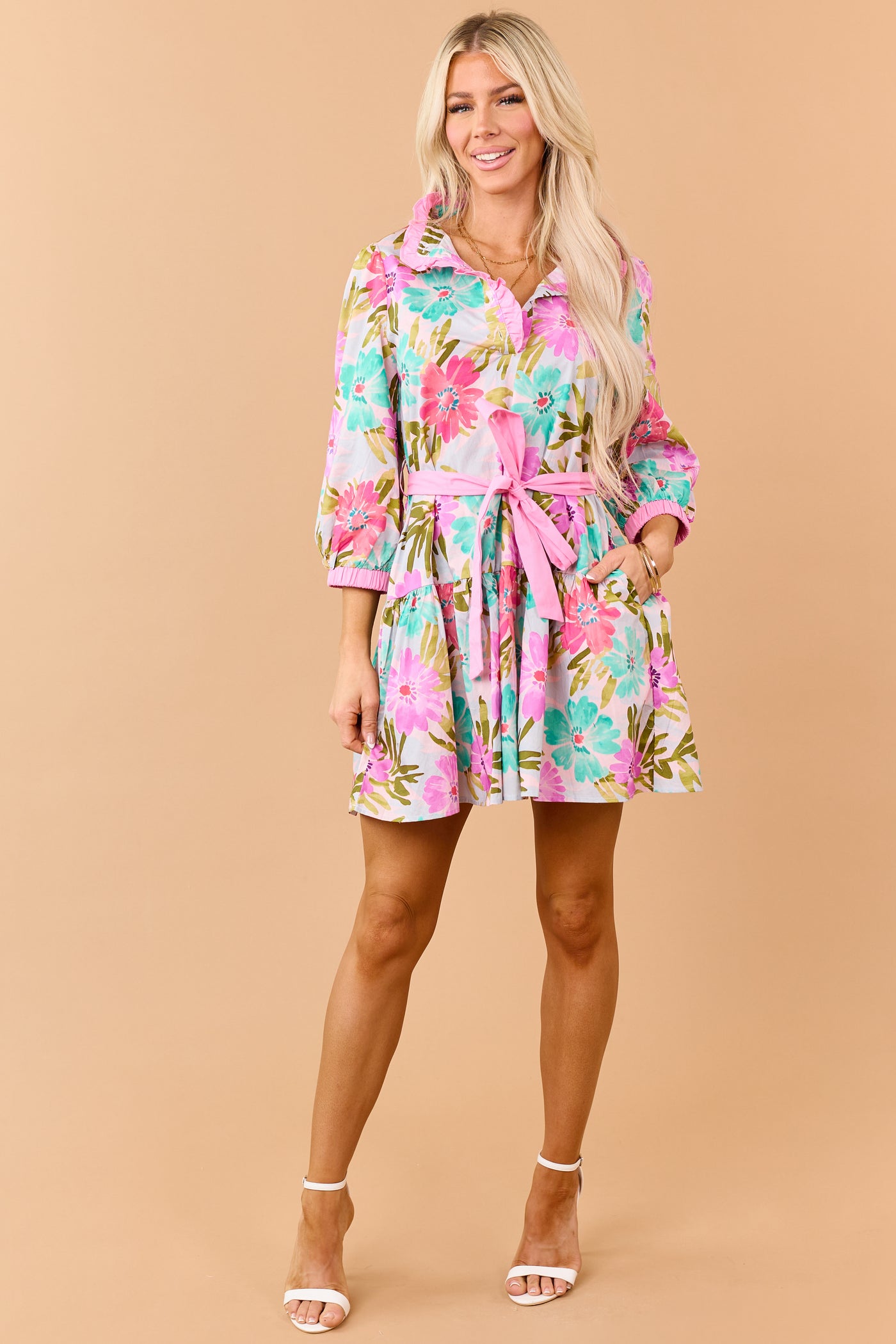 Bubblegum Floral Print Cotton Waist Tie Mini Dress