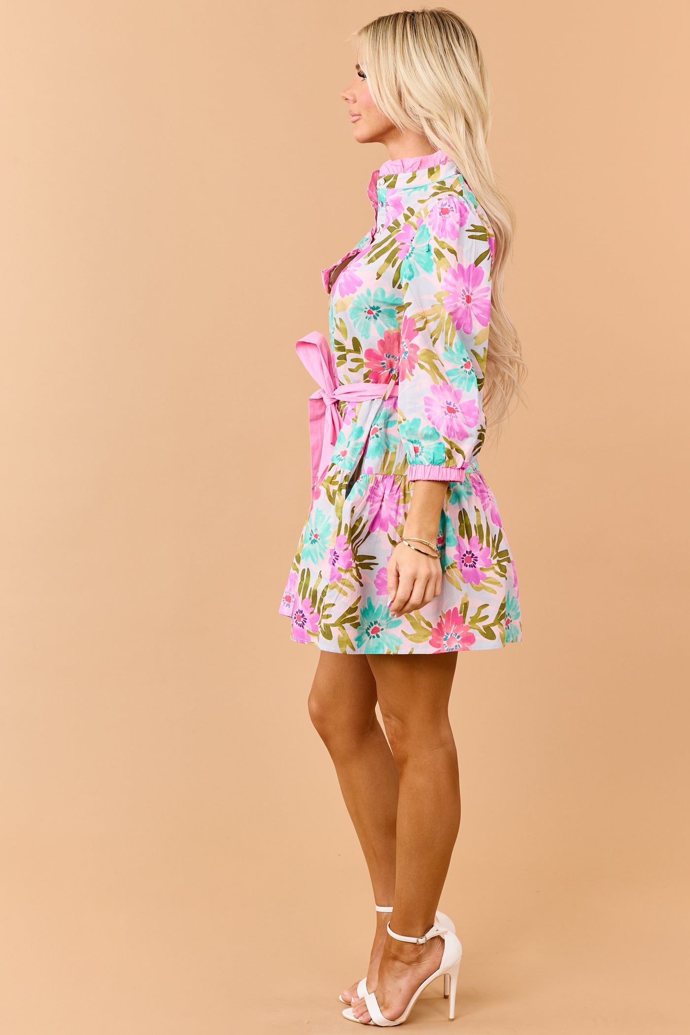 Bubblegum Floral Print Cotton Waist Tie Mini Dress