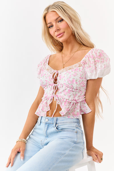 Bubblegum Floral Print Lace Puff Sleeve Top | Lime Lush Boutique