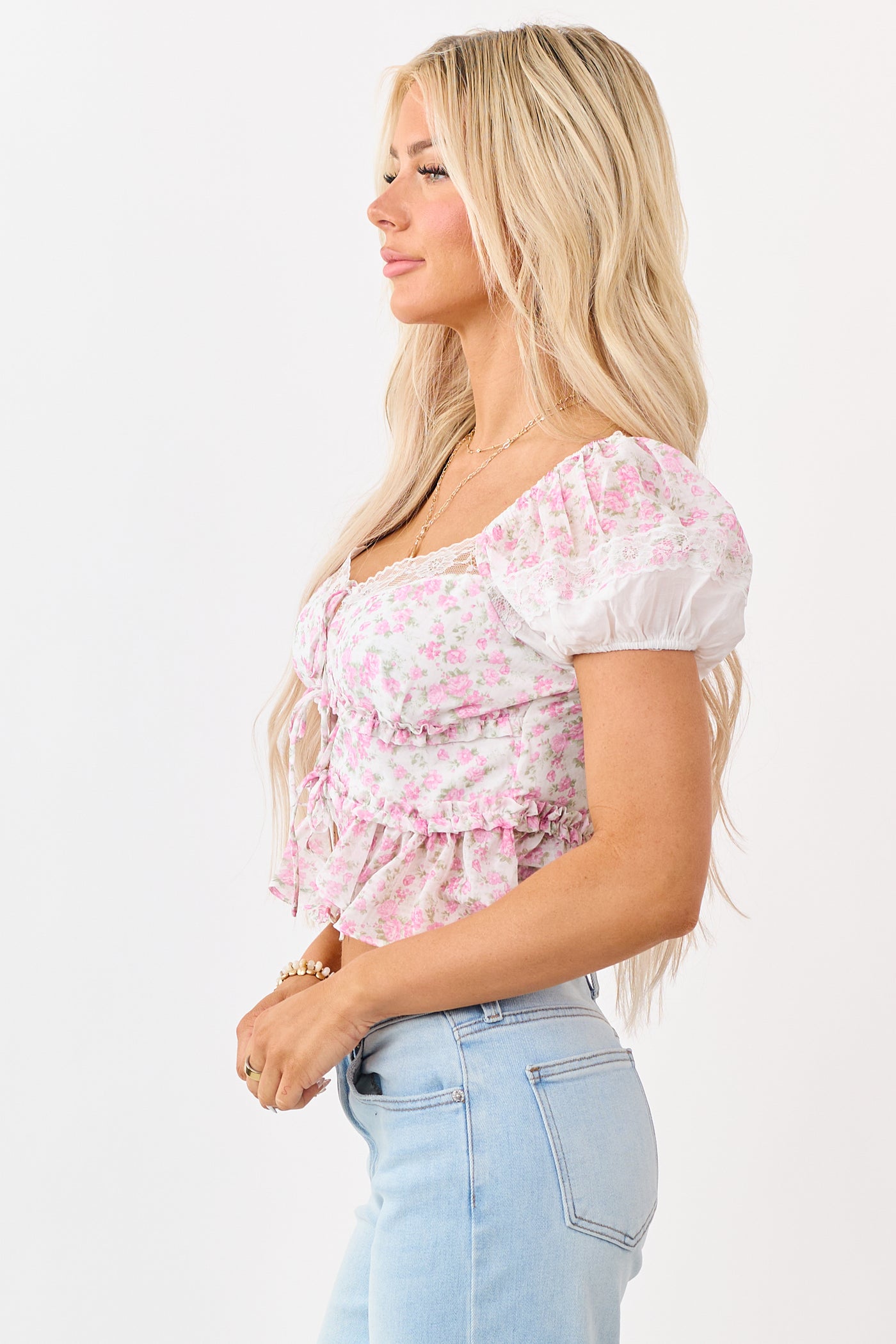 Bubblegum Floral Print Lace Puff Sleeve Top