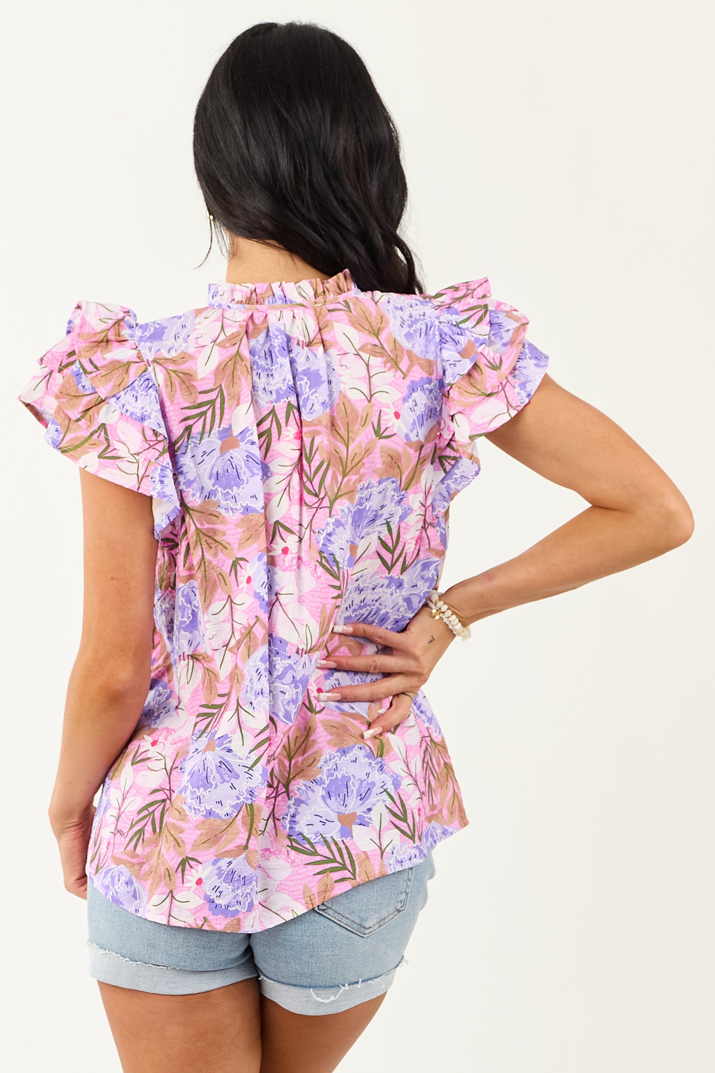 Bubblegum Floral Print Ruffle Short Sleeve Top