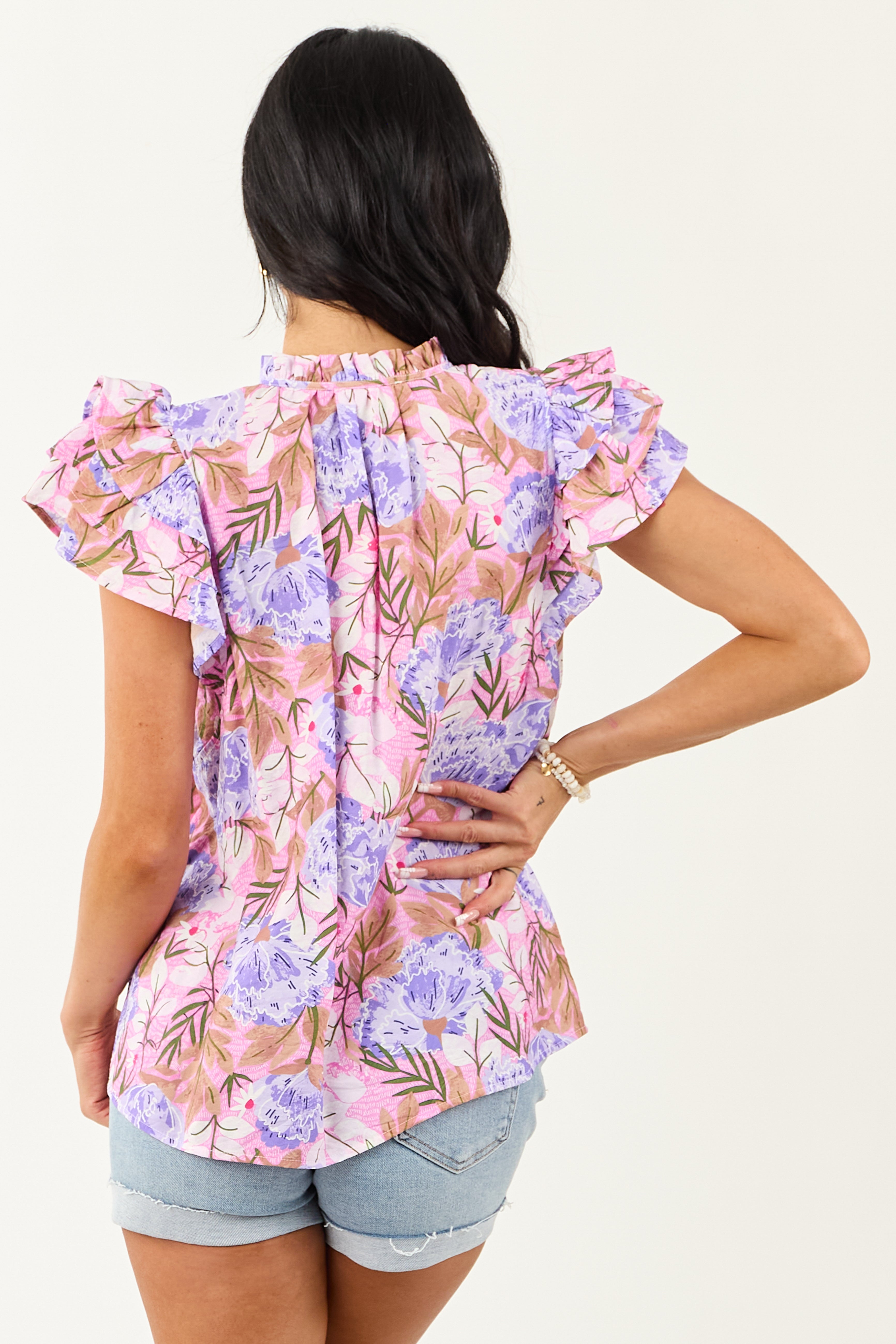 Bubblegum Floral Print Ruffle Short Sleeve Top