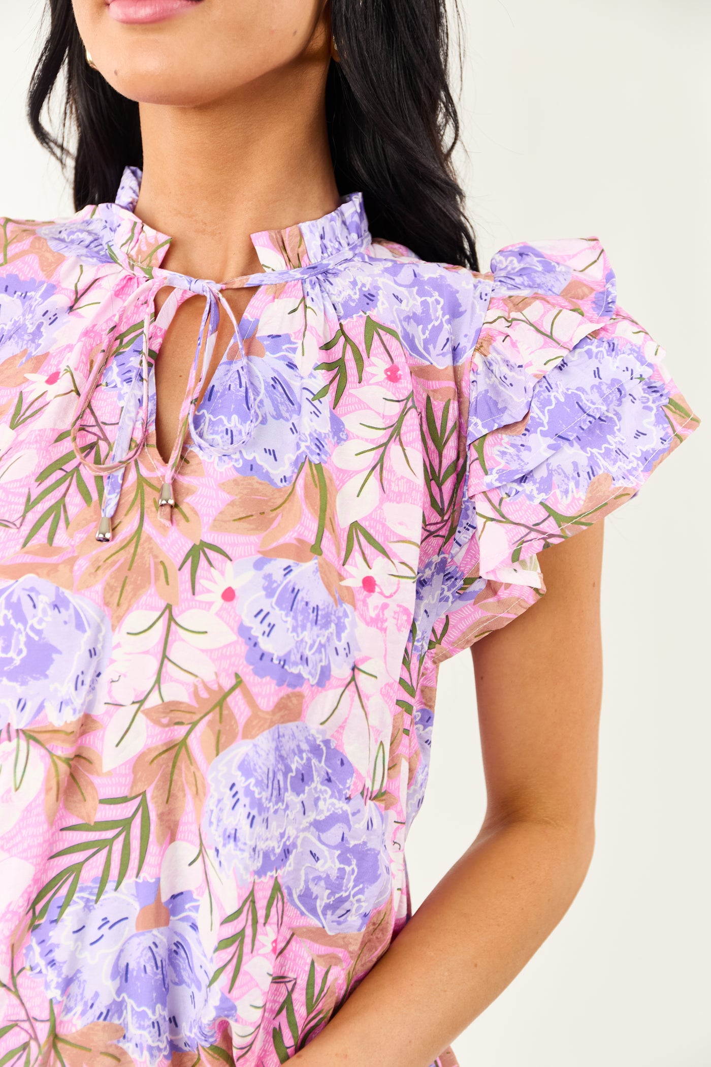 Bubblegum Floral Print Ruffle Short Sleeve Top