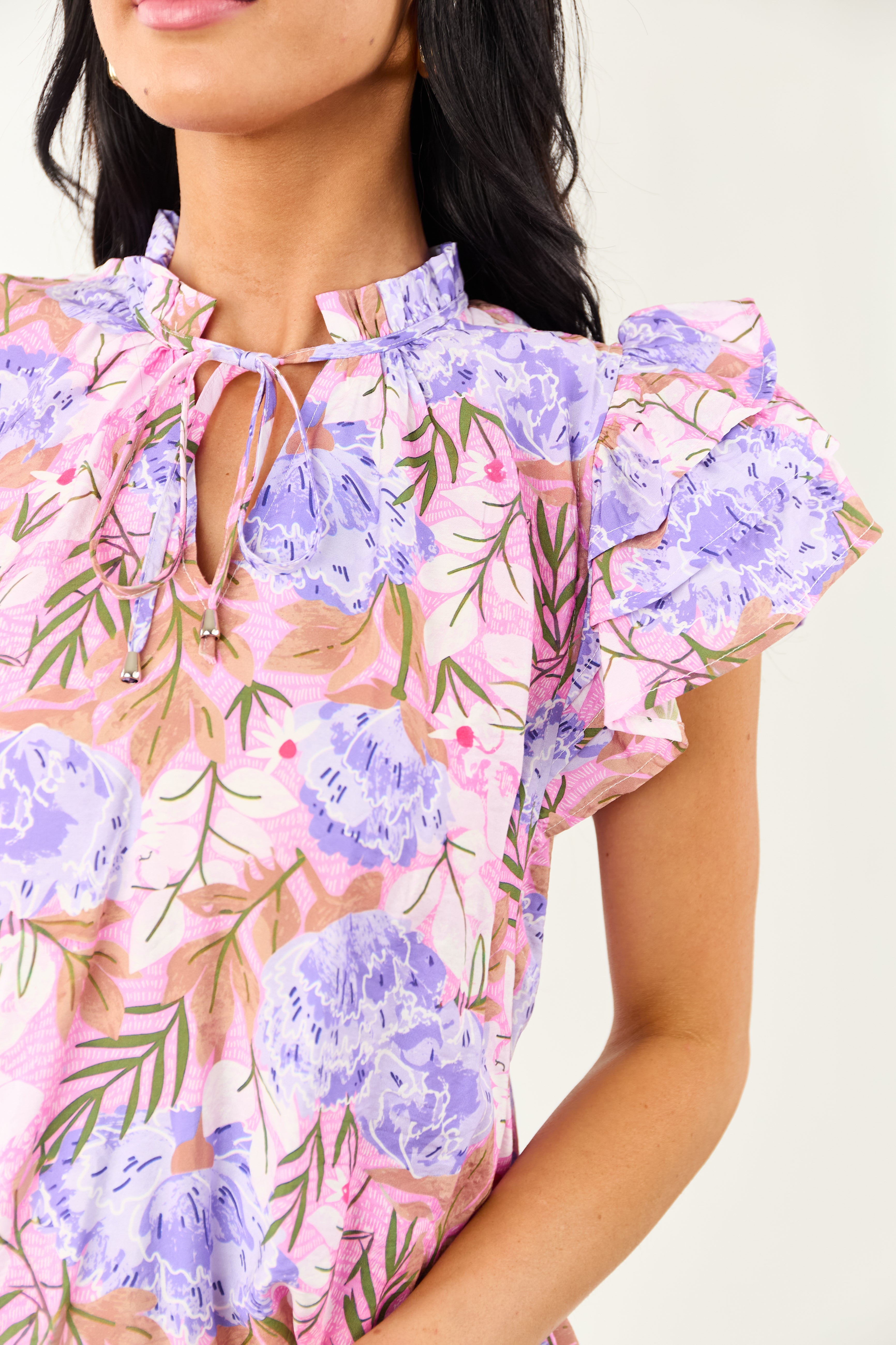 Bubblegum Floral Print Ruffle Short Sleeve Top