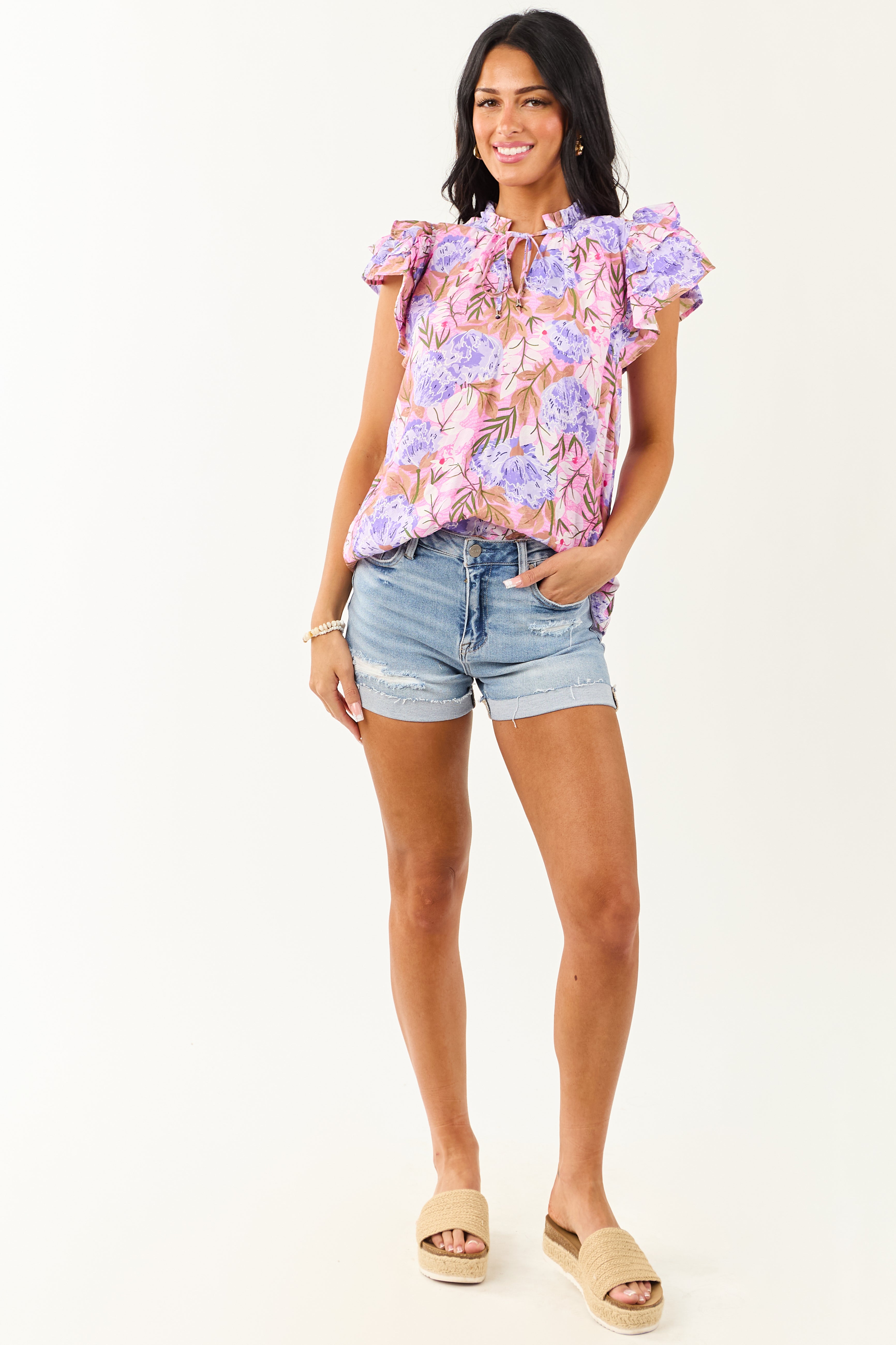 Bubblegum Floral Print Ruffle Short Sleeve Top