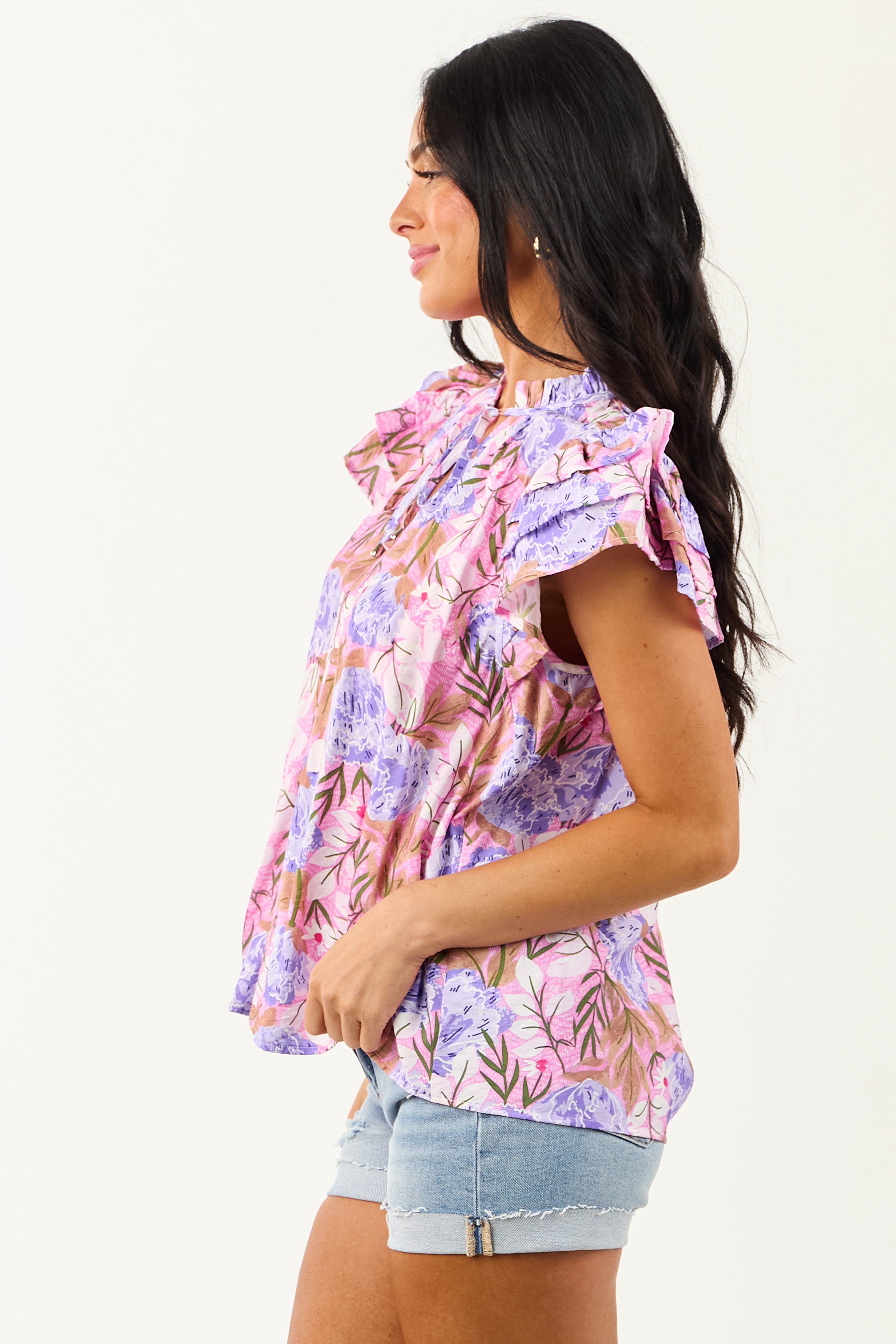 Bubblegum Floral Print Ruffle Short Sleeve Top