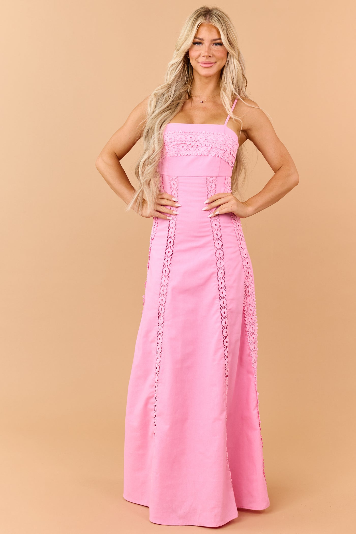Bubblegum Linen Blend Lace Panel Maxi Dress