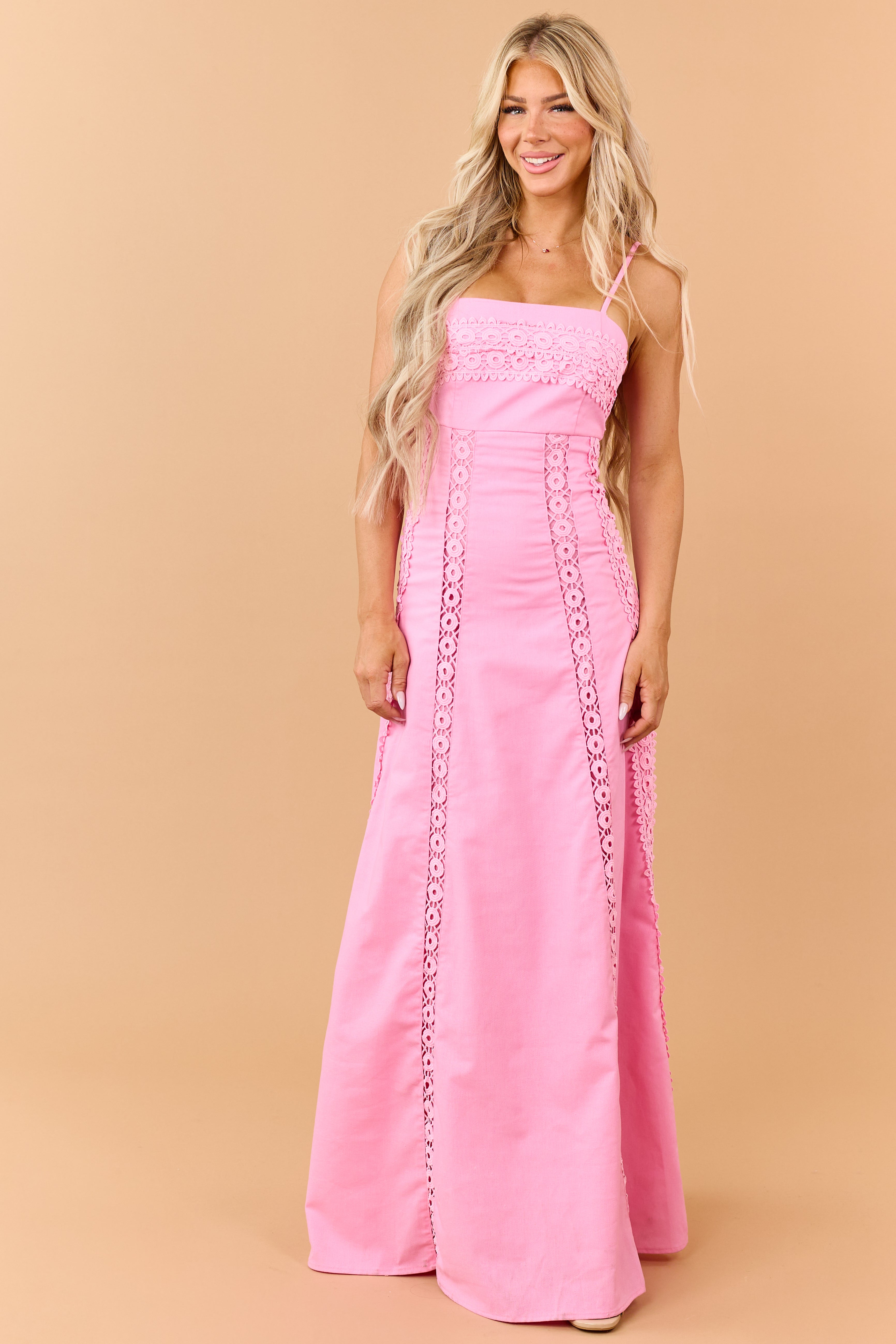 Bubblegum Linen Blend Lace Panel Maxi Dress
