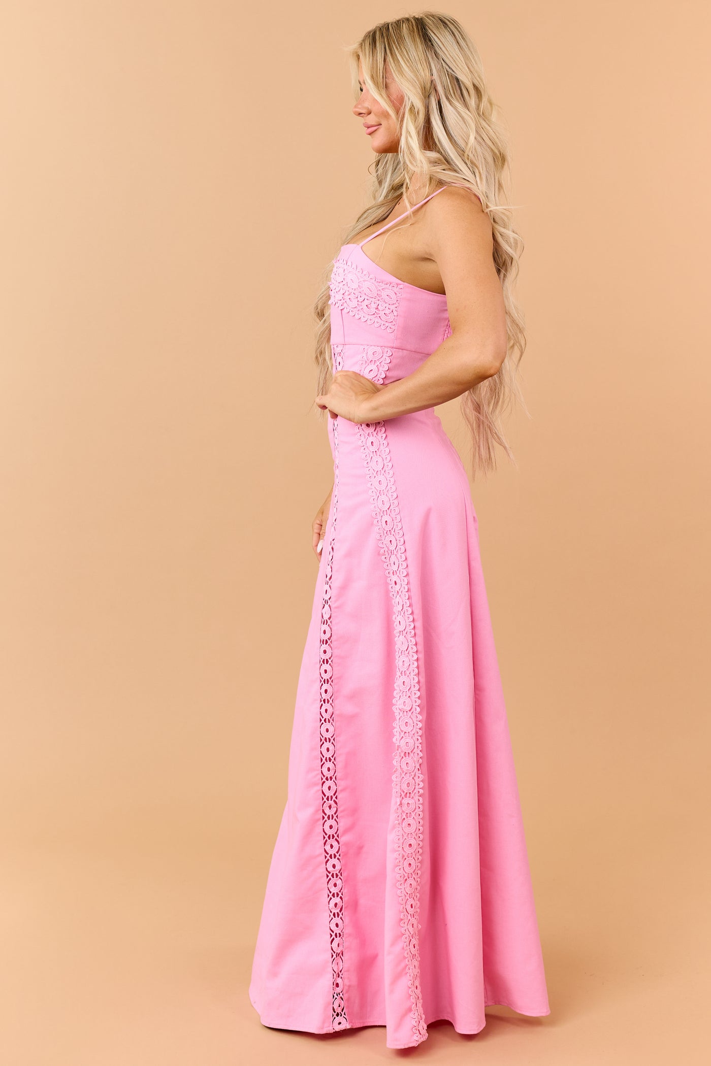 Bubblegum Linen Blend Lace Panel Maxi Dress
