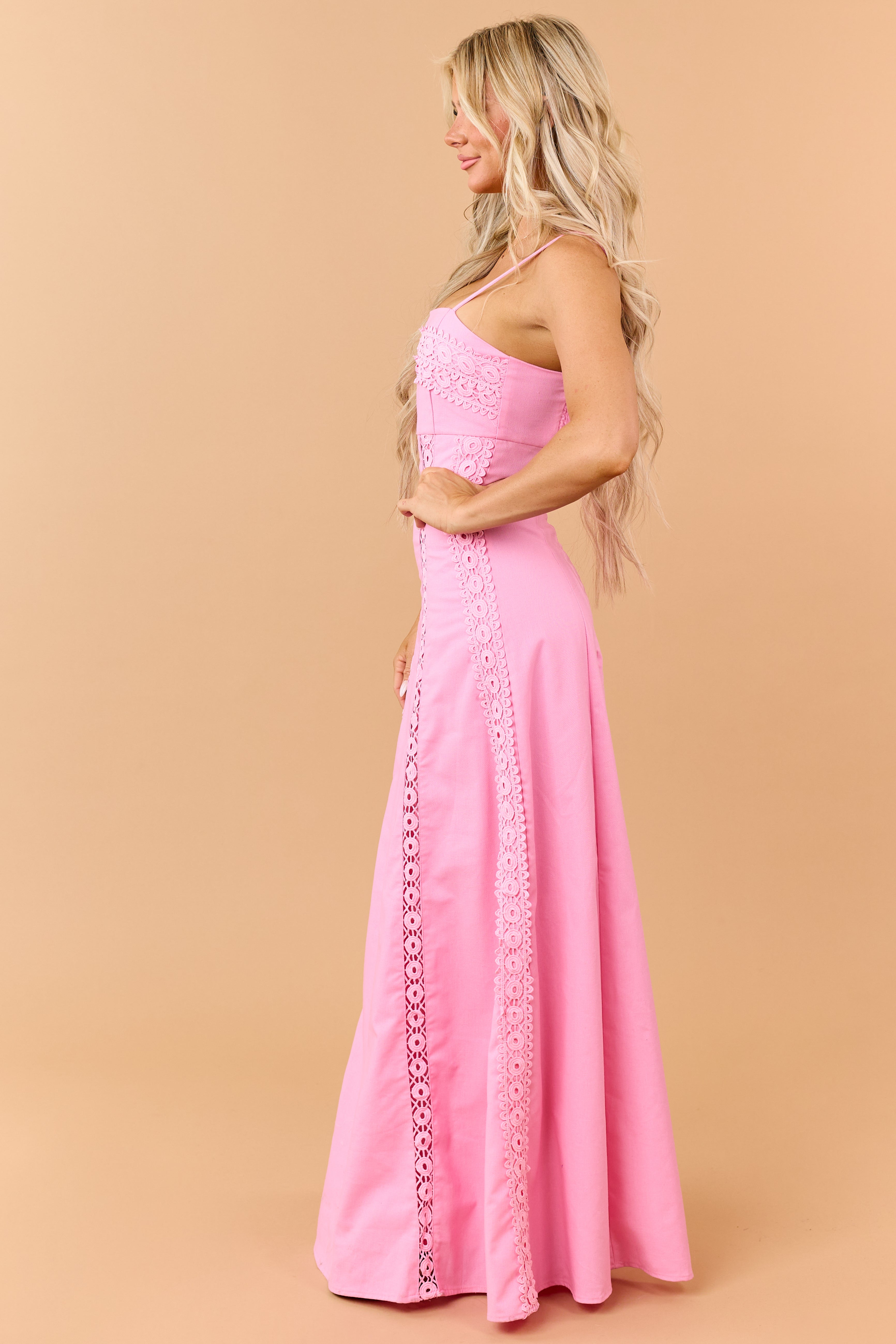 Bubblegum Linen Blend Lace Panel Maxi Dress