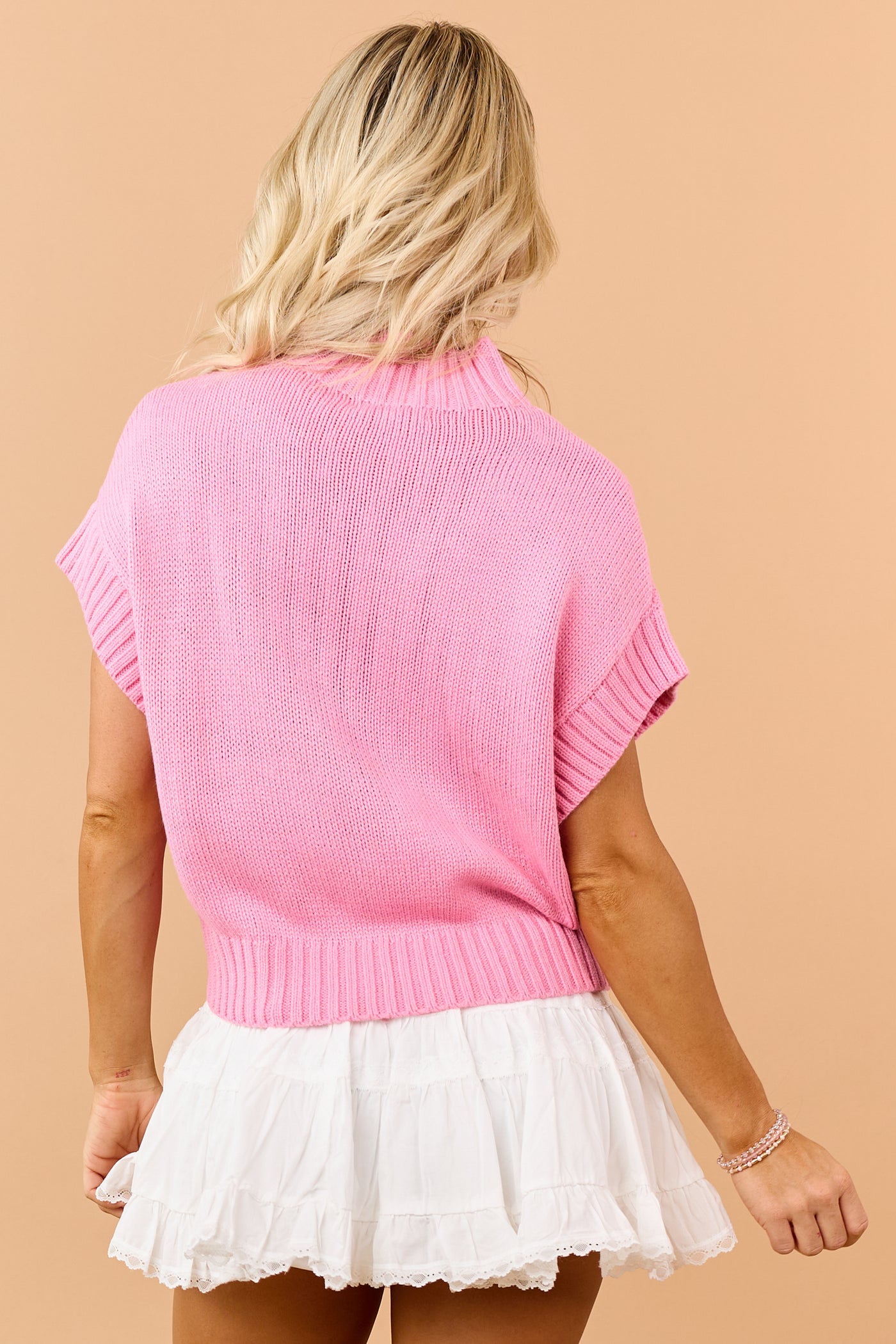Bubblegum Rib Knit Mock Neck Short Sleeve Sweater