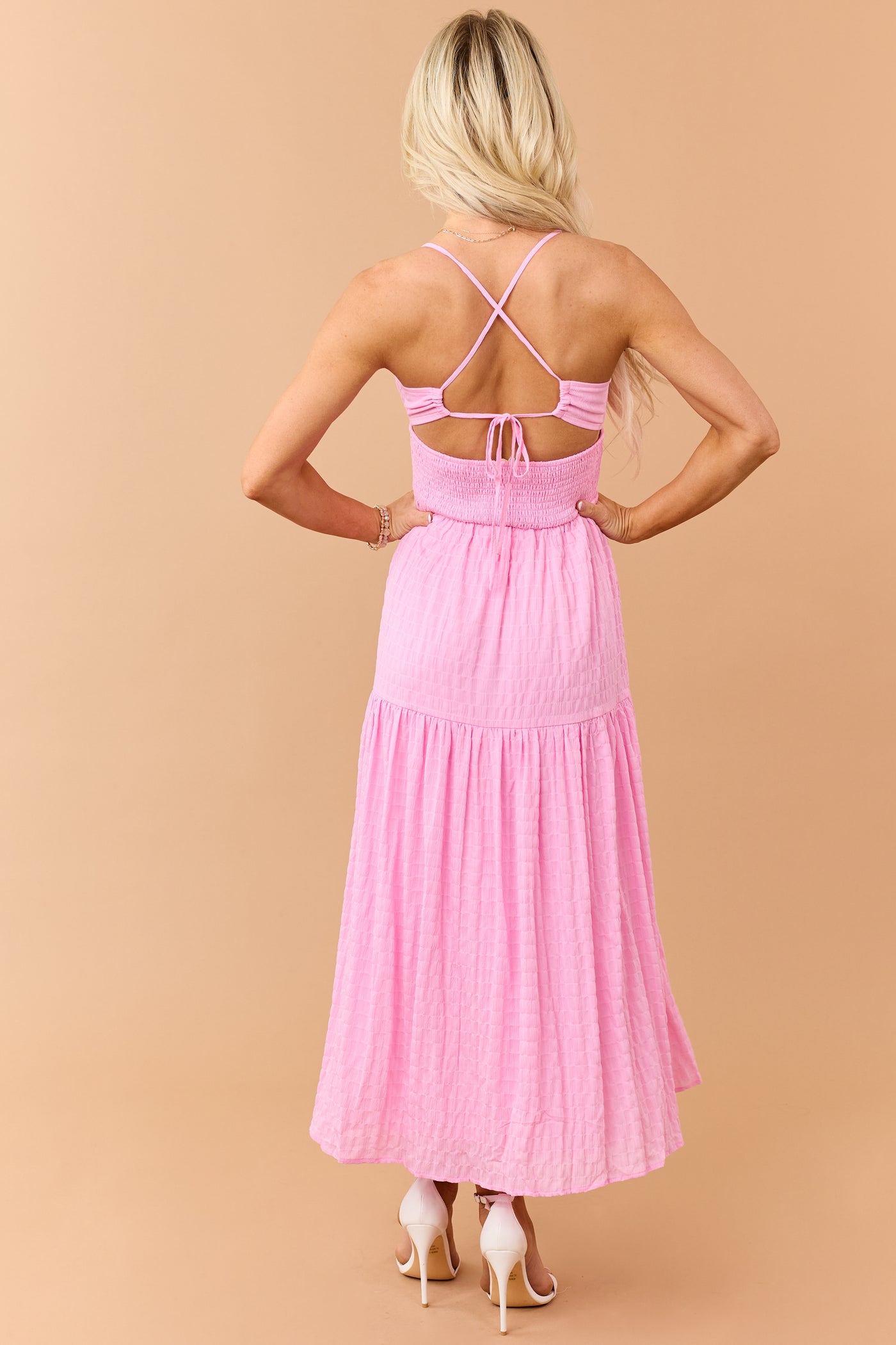 smocked waist crisscross back midi dress Bubblegum Smocked Waist Cross Strap Maxi Dress