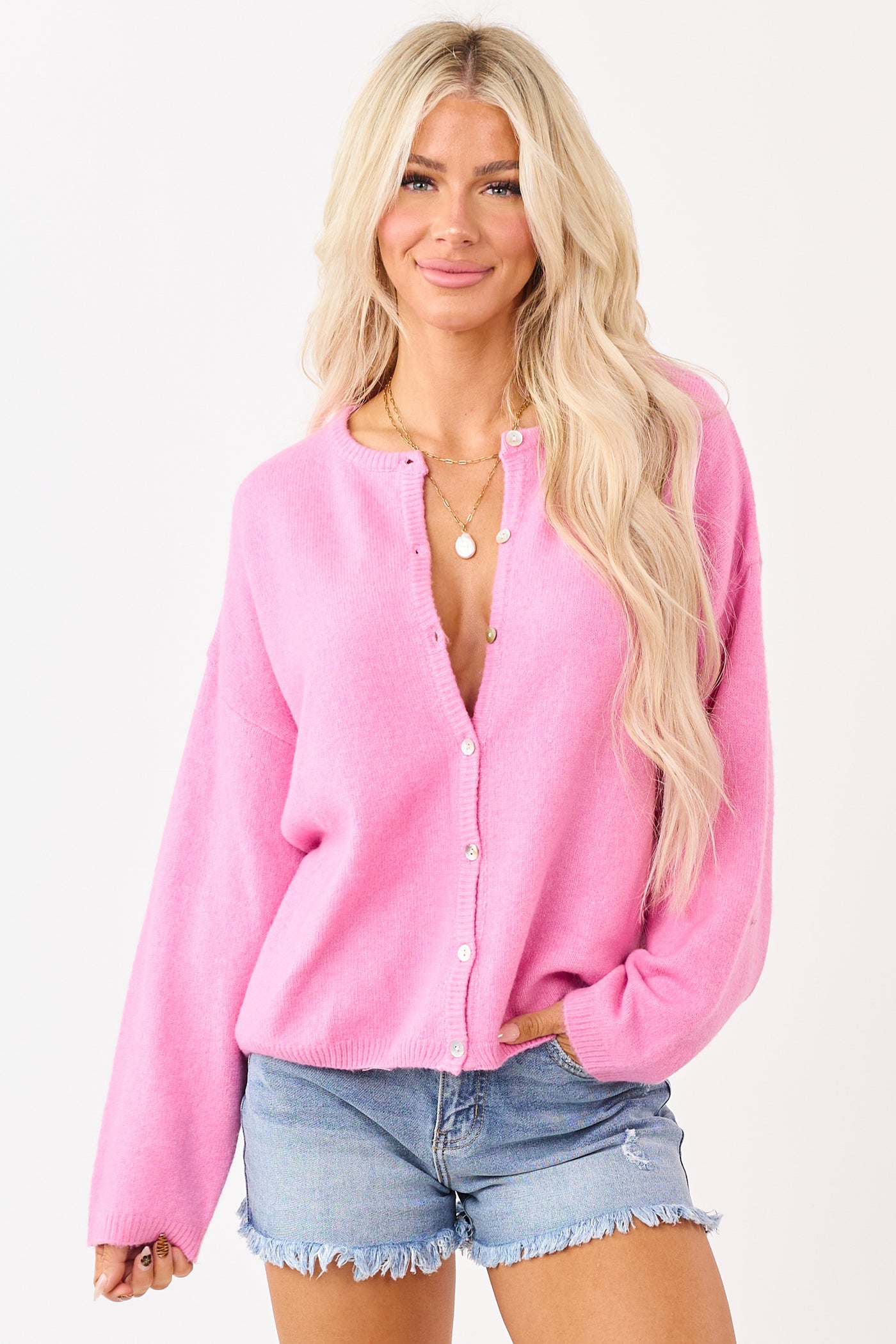 Bubblegum Soft Rib Knit Button Down Cardigan