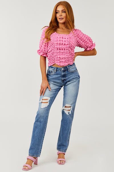 Bubblegum Square Neck Puffy Textured Blouse