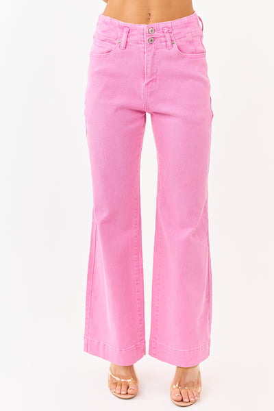 Bubblegum Stretchy Wide Leg High Rise Jeans