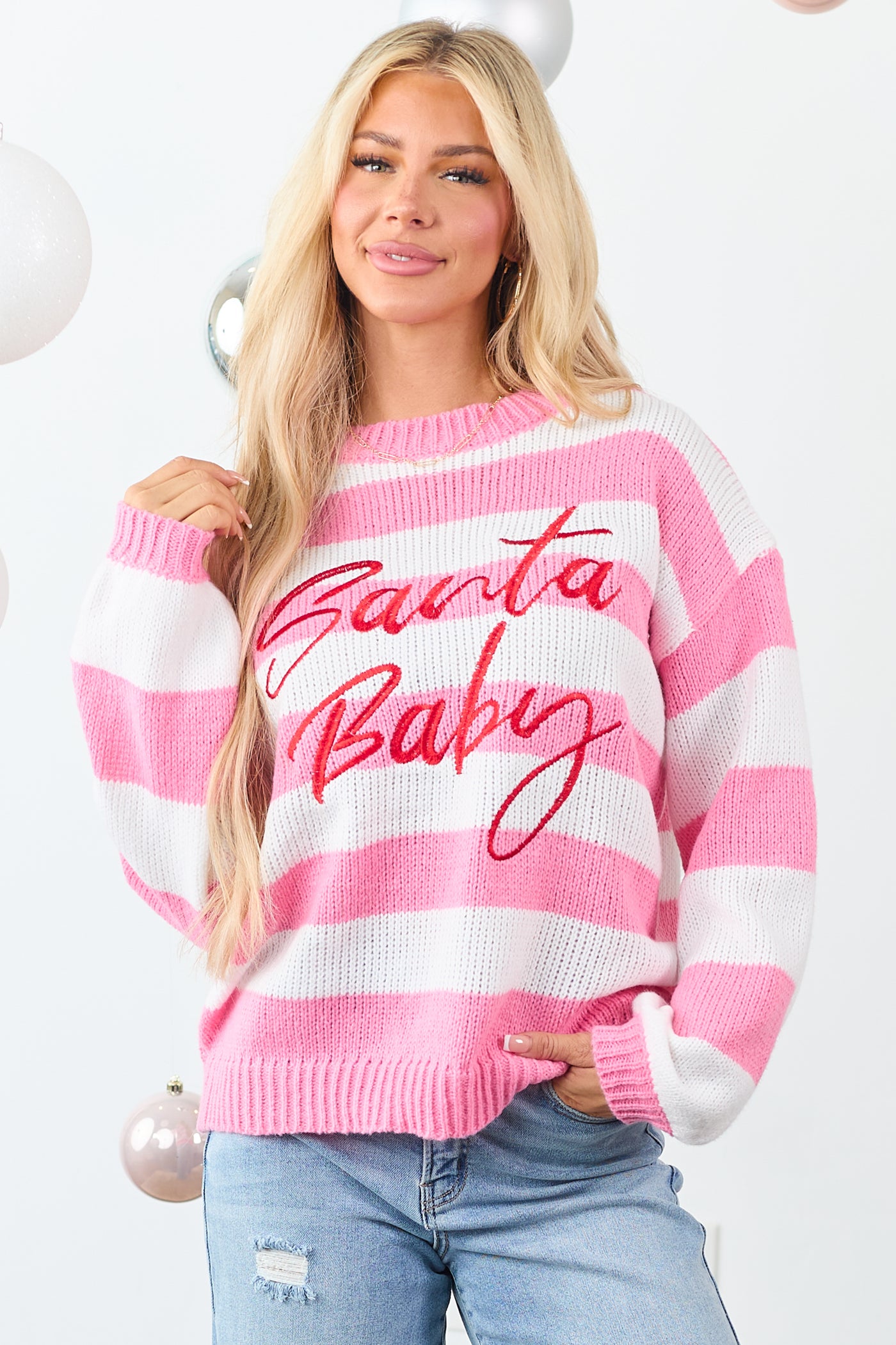 Bubblegum Striped 'Santa Baby' Holiday Graphic Sweater