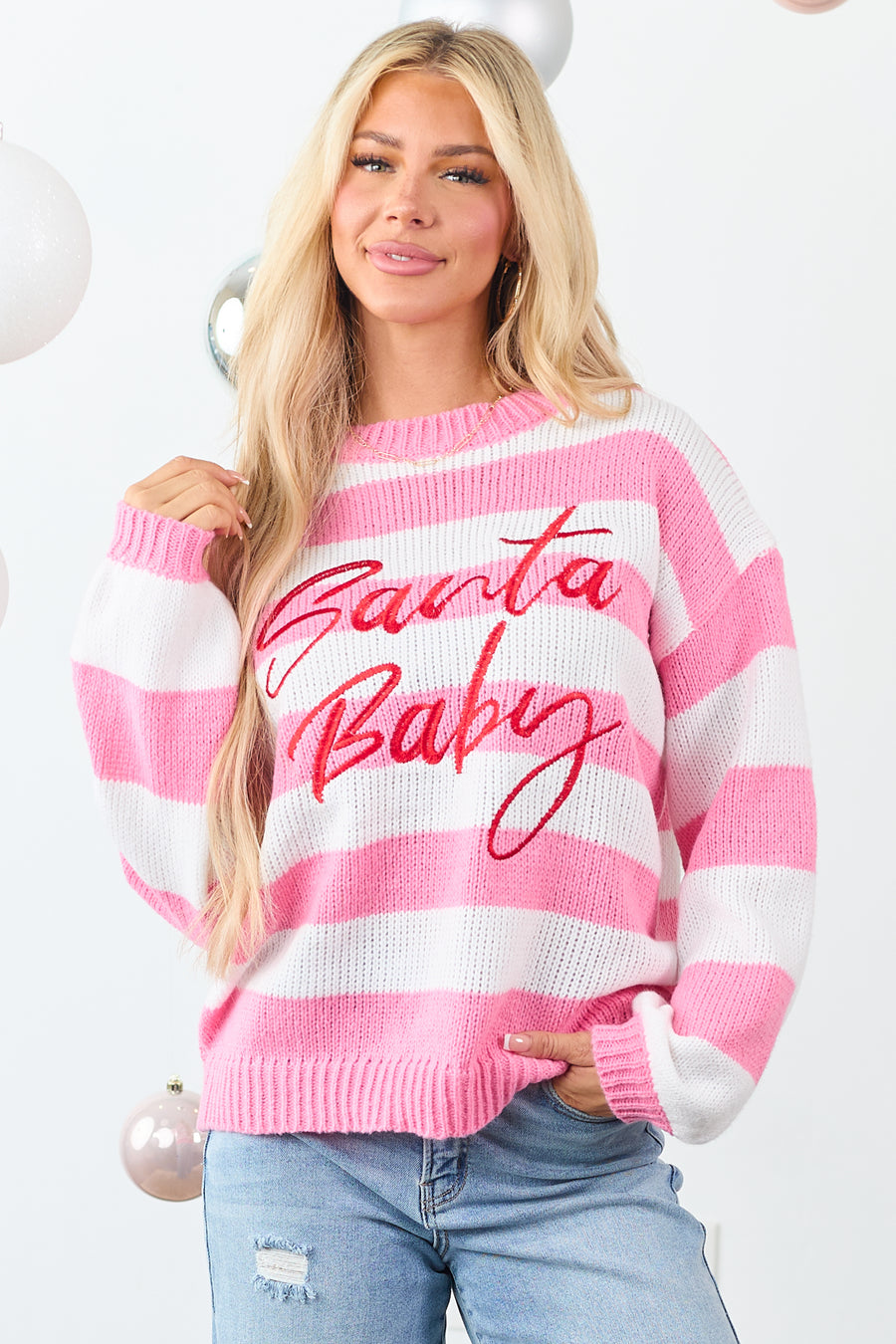 Bubblegum Striped 'Santa Baby' Holiday Graphic Sweater
