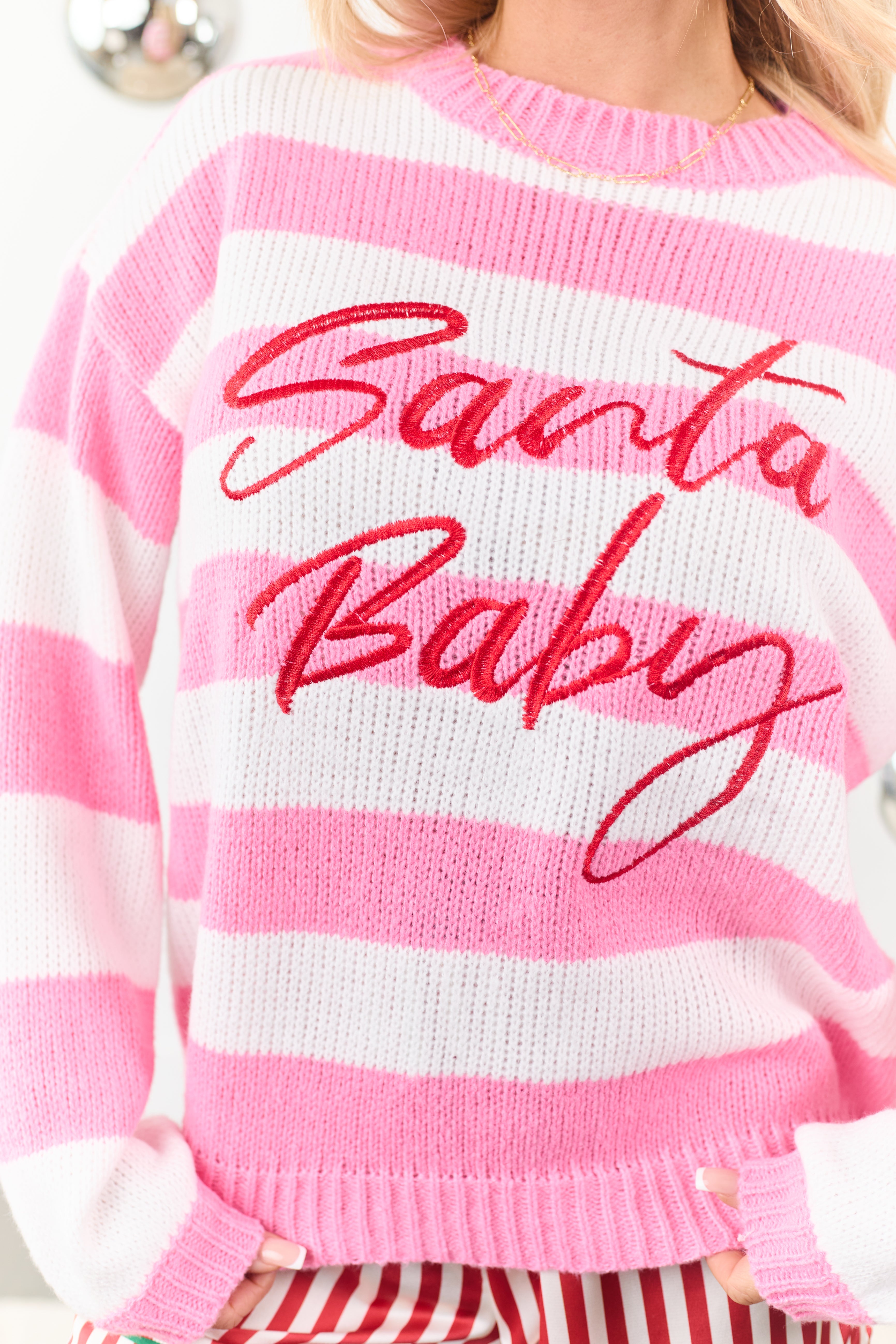 Bubblegum Striped 'Santa Baby' Holiday Graphic Sweater
