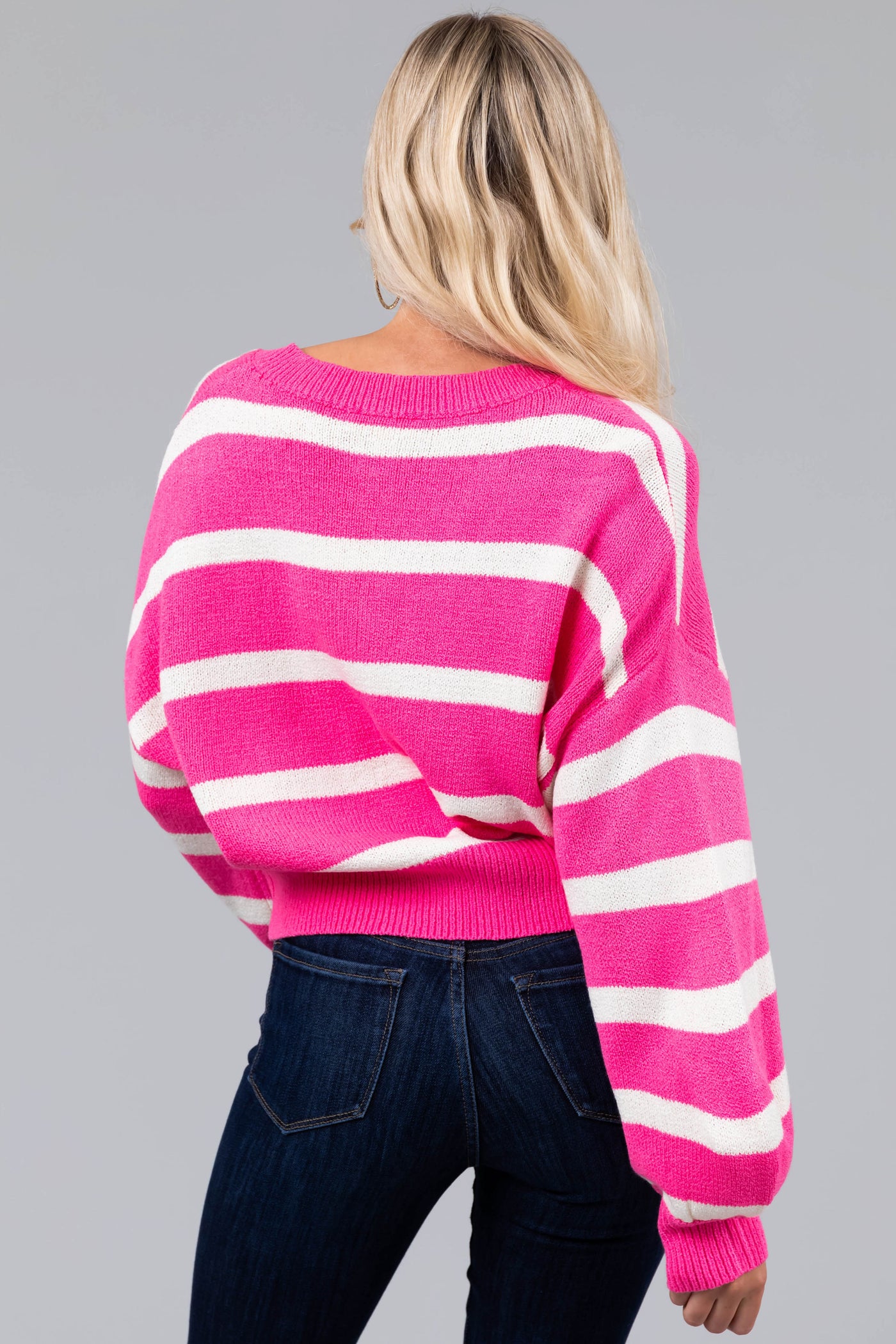 Bubblegum Striped V Neck Bubble Sleeve Sweater