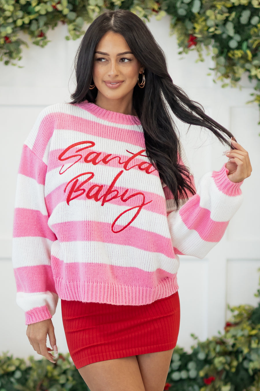 Bubblegum Striped 'Santa Baby' Holiday Graphic Sweater