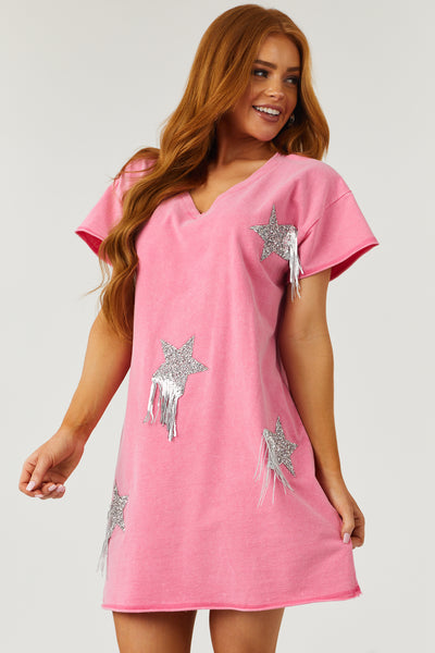 Bubblegum Washed Rhinestone Studded Star Fringe Dress