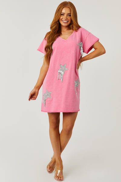 Bubblegum Washed Rhinestone Studded Star Fringe Dress