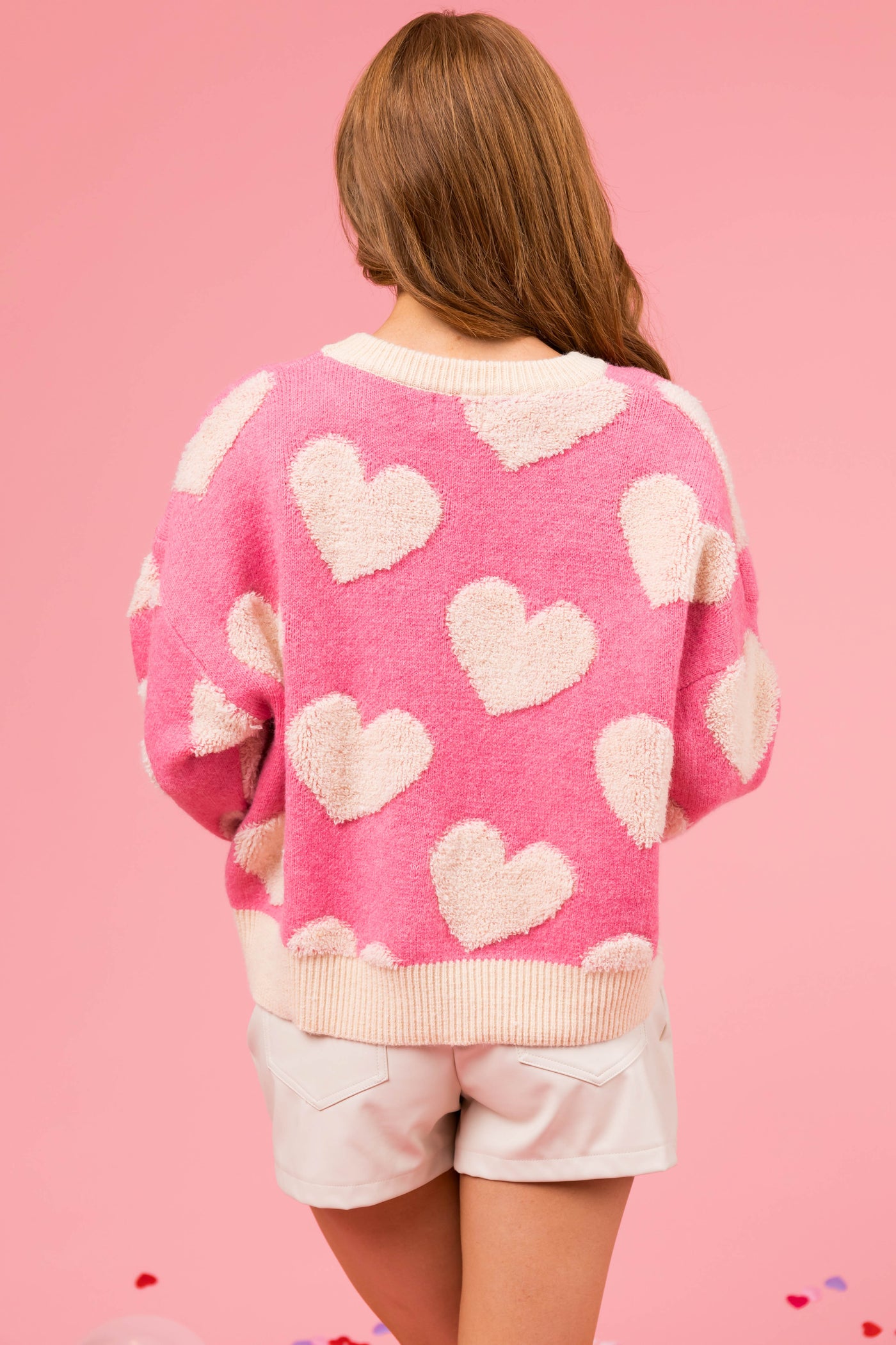 Bubblegum and Cream Heart Thick Fuzzy Sweater
