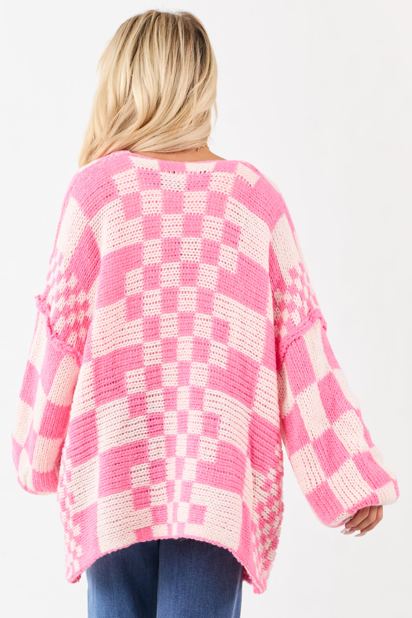 Bubblegum and Ivory Checkered Chunky Knit Cardigan
