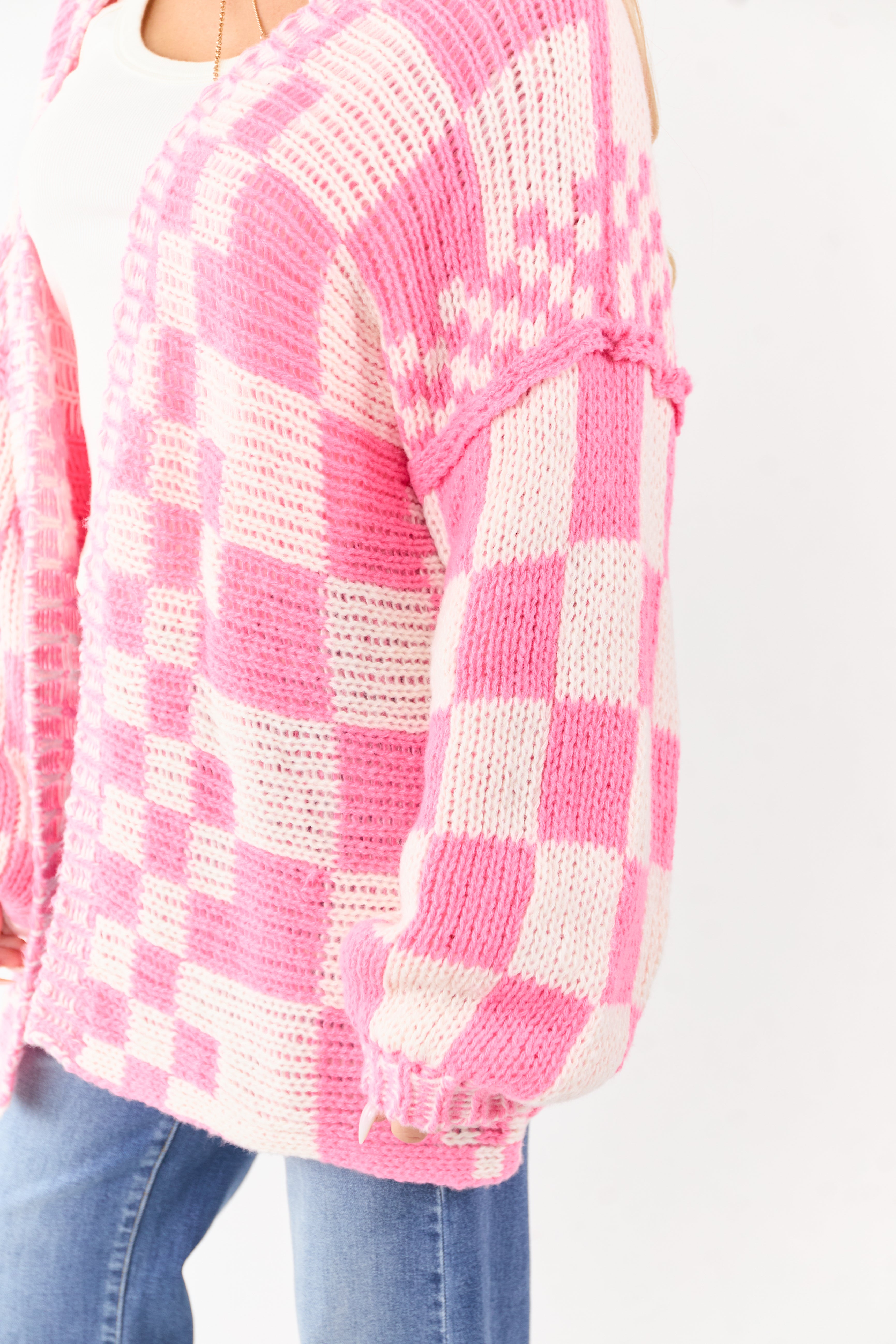 Bubblegum and Ivory Checkered Chunky Knit Cardigan