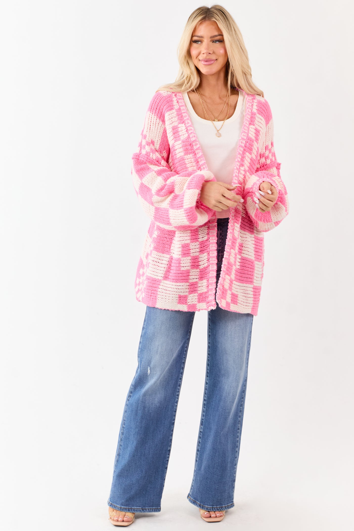Bubblegum and Ivory Checkered Chunky Knit Cardigan