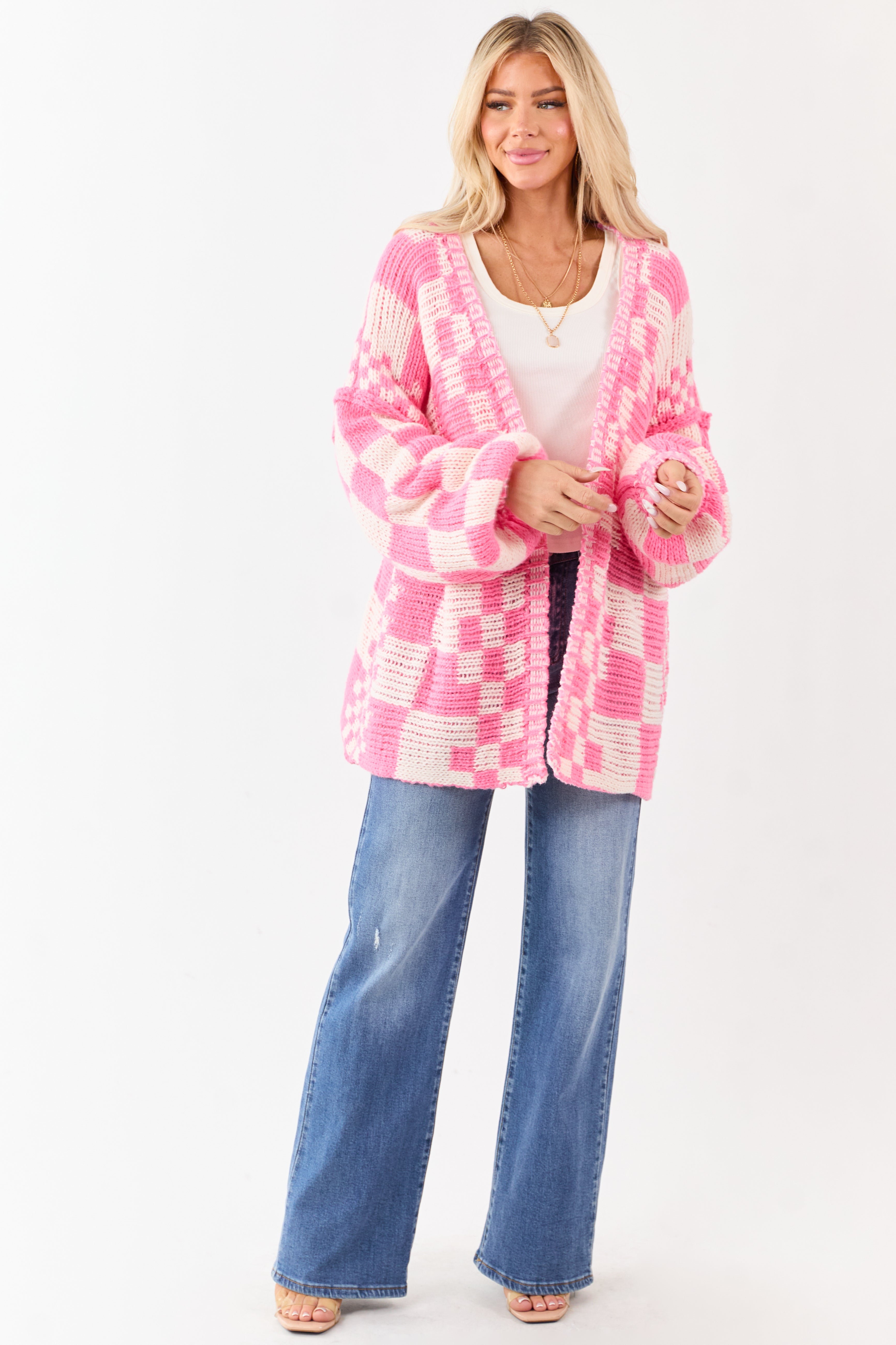 Bubblegum and Ivory Checkered Chunky Knit Cardigan